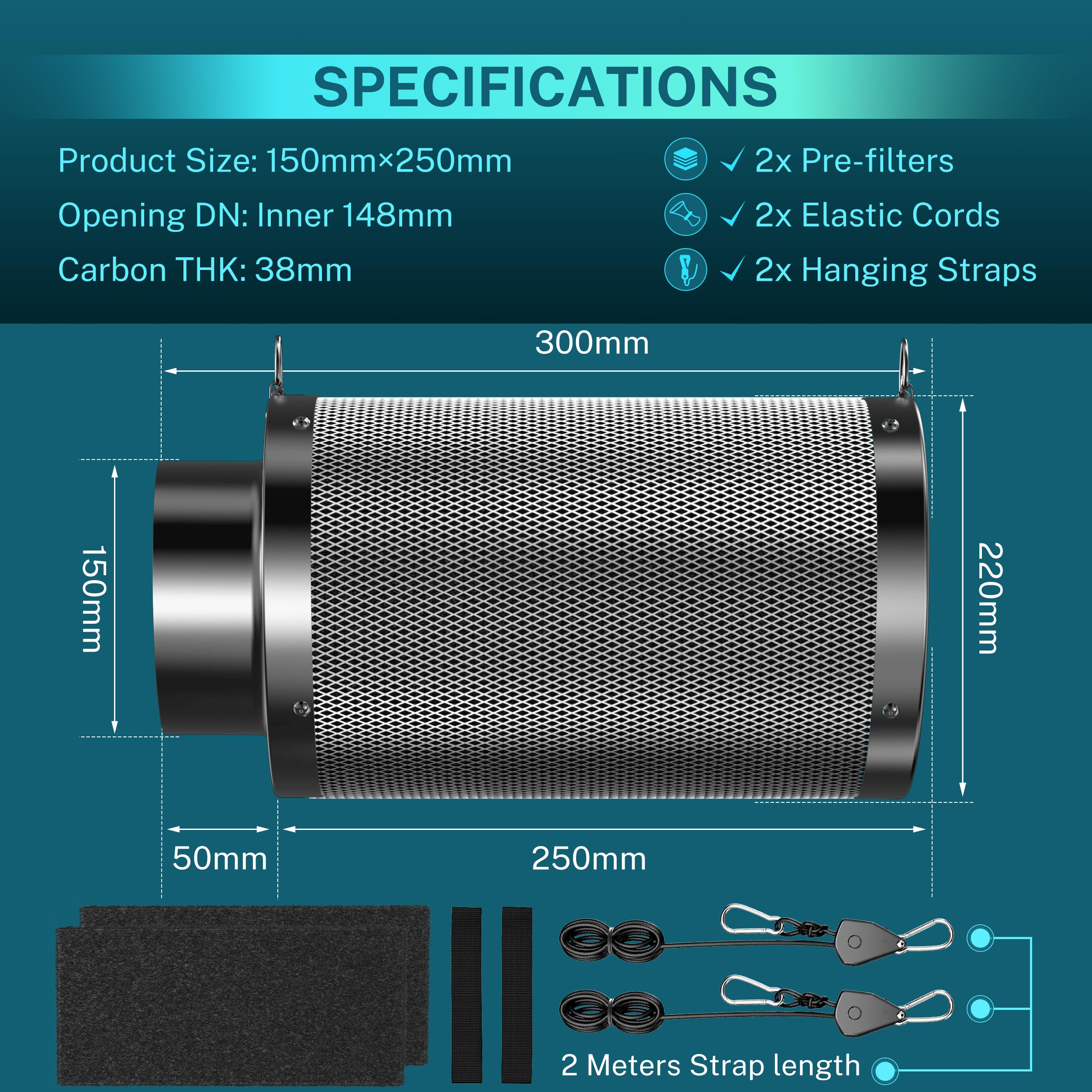 HG Power Filtro a Carbone Attivo 150mm, Lunghezza 250mm – Carbone Attivo Vergine Australiano 38mm, Controllo degli odori per Grow Box, idroponica & Ventilatore da Condotto, con 2 Pre-filtri