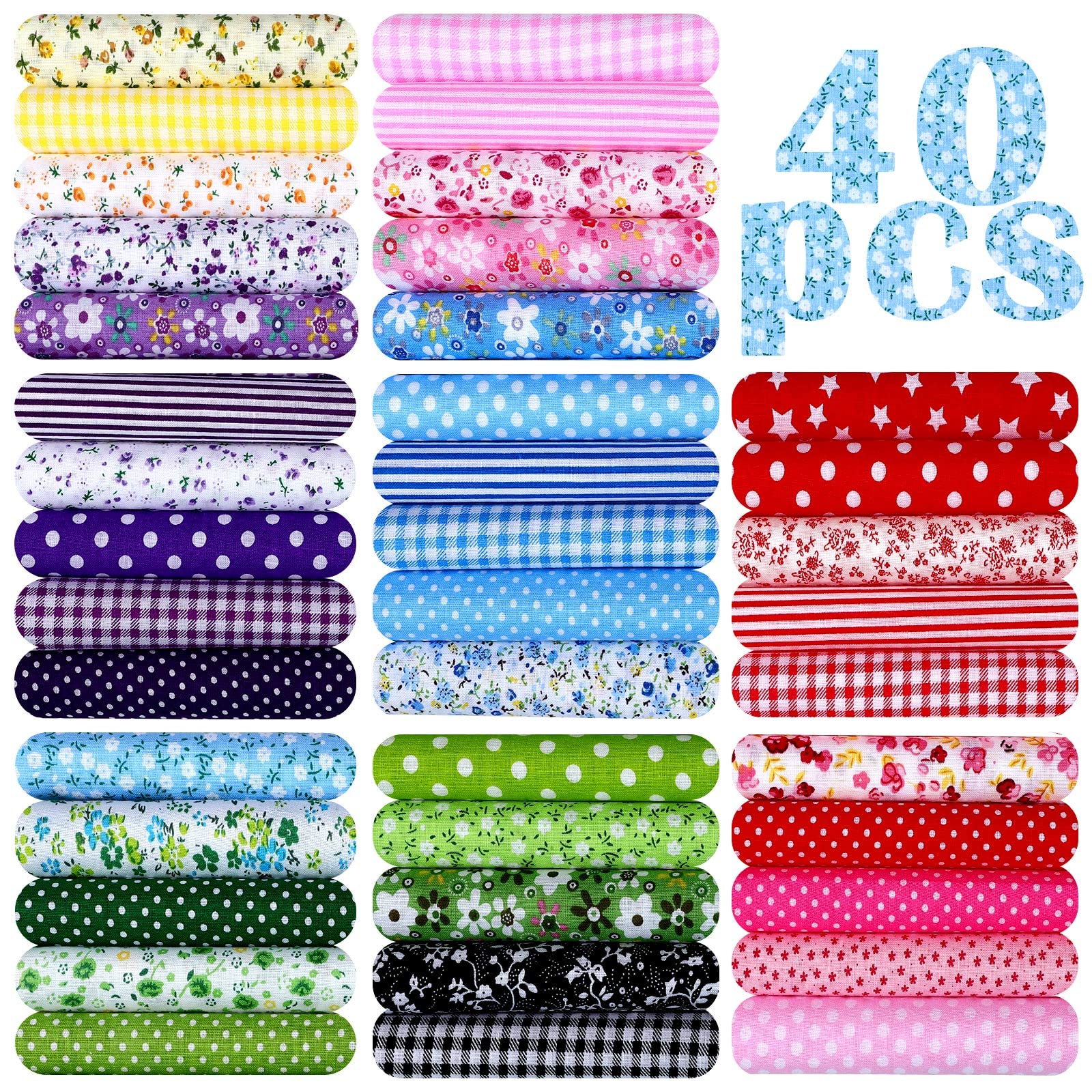 40 Pcs 20 x 20 Inch Cotton Fabric Bundle Square Quilting Patchwork Multi Color Printed Floral Fat Flower Animals Cartoon for DIY Crafts Cloths Handmade Accessory(Bright Style)