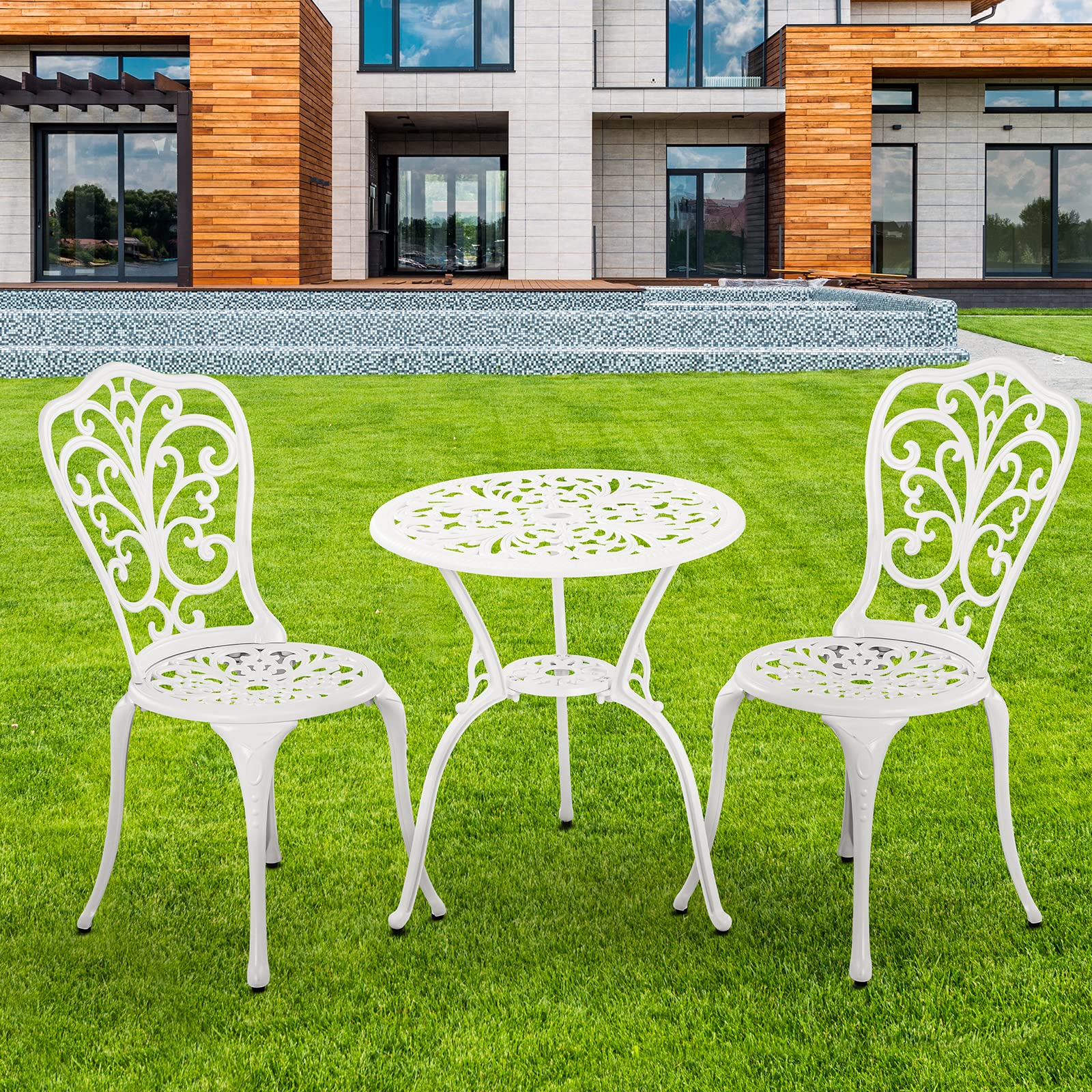 Outdoor Bistro Set 3-teiliges Gartenbistro-Set, Gusseisen-Bistrotisch mit 2 Stühlen, Kleiner Terrassentisch für Balkon, Schwarz (Weiß)