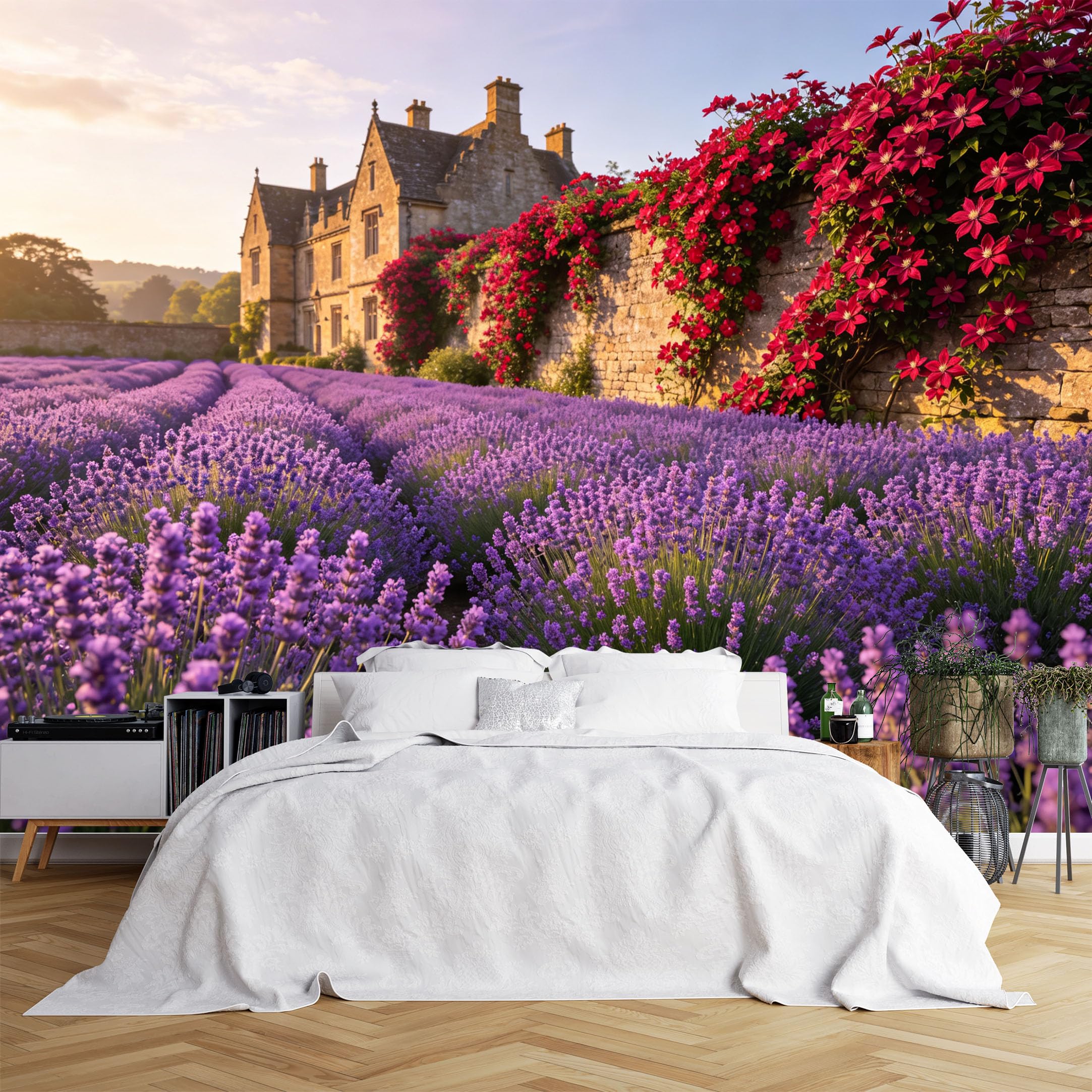 Lcythiazole Ch260615174 Custom Size Wall Murals English Country Villa Lavender Clematis Flower Field Wall Stickers Self-Adhesive Wall Fabric (No Pvc) Removable Wallpaper For Living Room Patio