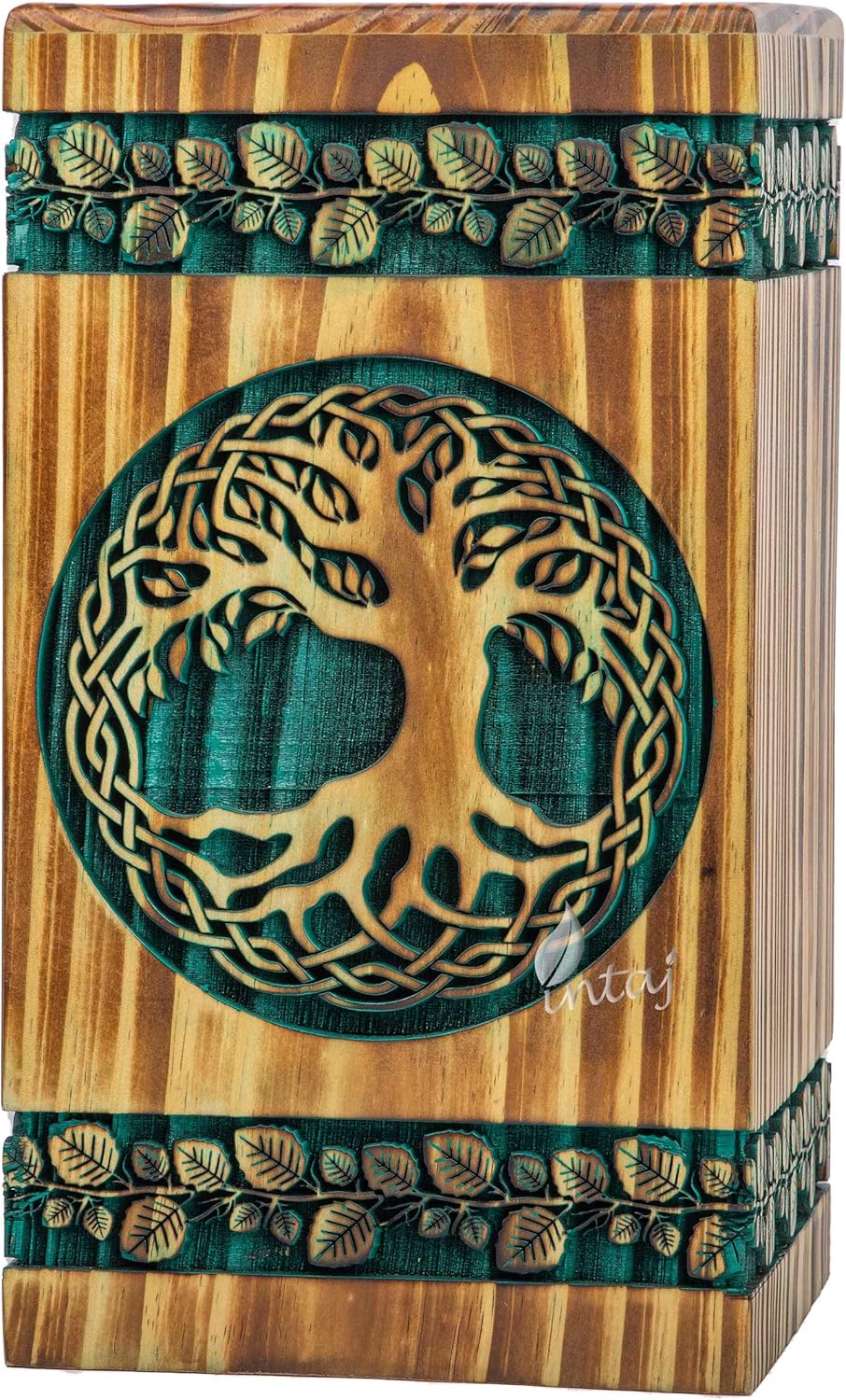 INTAJ Handmade Rosewood Urn for Human Ashes - Adult Tree of Life Wooden Urns Hand-Crafted - Heart Funeral Cremation Urn for Dogs Engraved (Celtic Pine, X-Small - 7.50Hx4.25W (100 Cu/in))