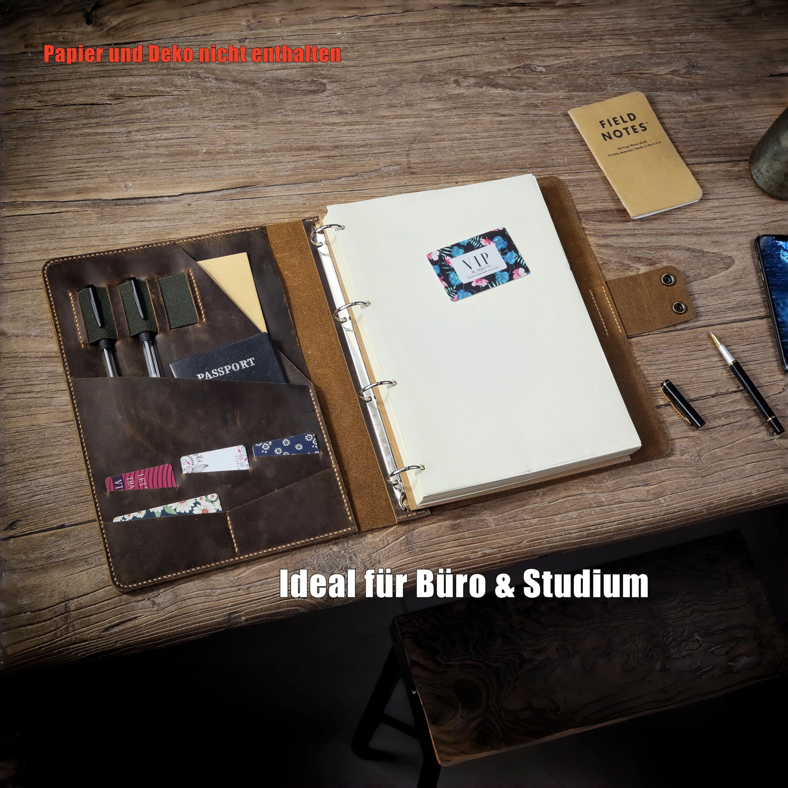 Vintage A4 Leder-Portfolio mit 4-Ring-Mechanik, handgenähte Schreibmappe aus vollnarbigem braunem Leder, Organizer mit Fächern, personalisierbar – Präsentationsmappe fürs Büro & Studium