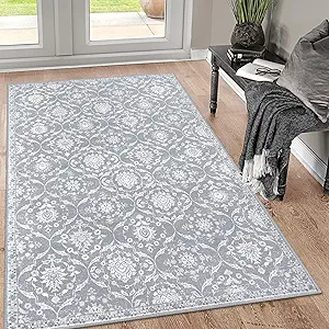 KILOCOCO 3x5 Moroccan Super Soft Area Rug Washable Living Room, Vintage Floral Rug Indoor Non-Slip, Print Faux Wool Accent Indoor Entryway Rug for Laundry Playroom Office, Silver Grey/Blue