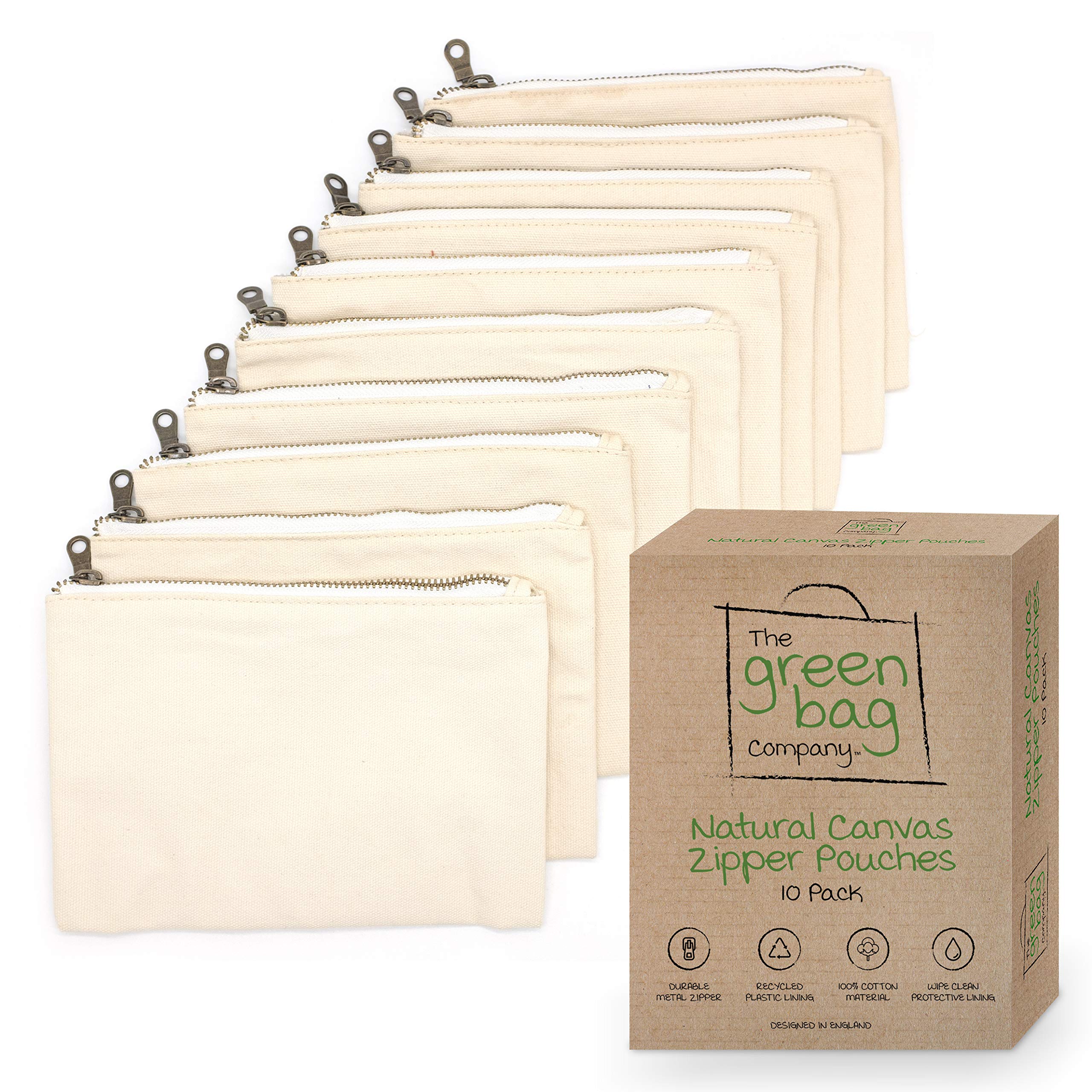 10 Pack Multipurpose Canvas Bags with Zipper - Waterproof Recycled Plastic Inner Liner - 100% Natural Cotton Canvas Pouch - DIY Blank Pouches for Cosmetics, Crafts, Pencil Bag, Small Tool Pouch