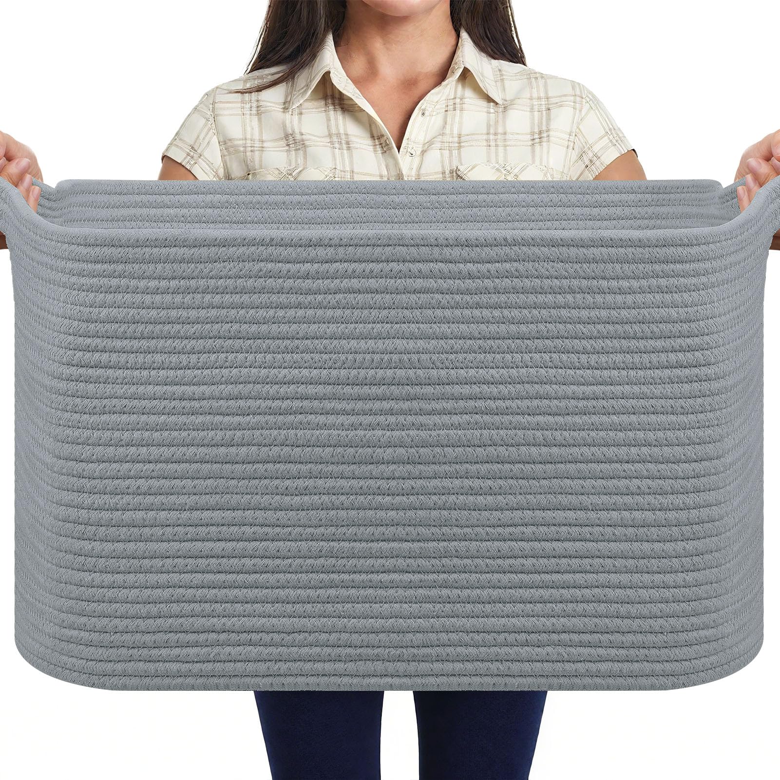 MOLMO Large Woven Storage Basket, 65L Laundry Hamper for Washing, Cotton Rope Bin for Dirty Clothes, Toy Organizer for Kids, Blanket Basket for Living Room(Grey)