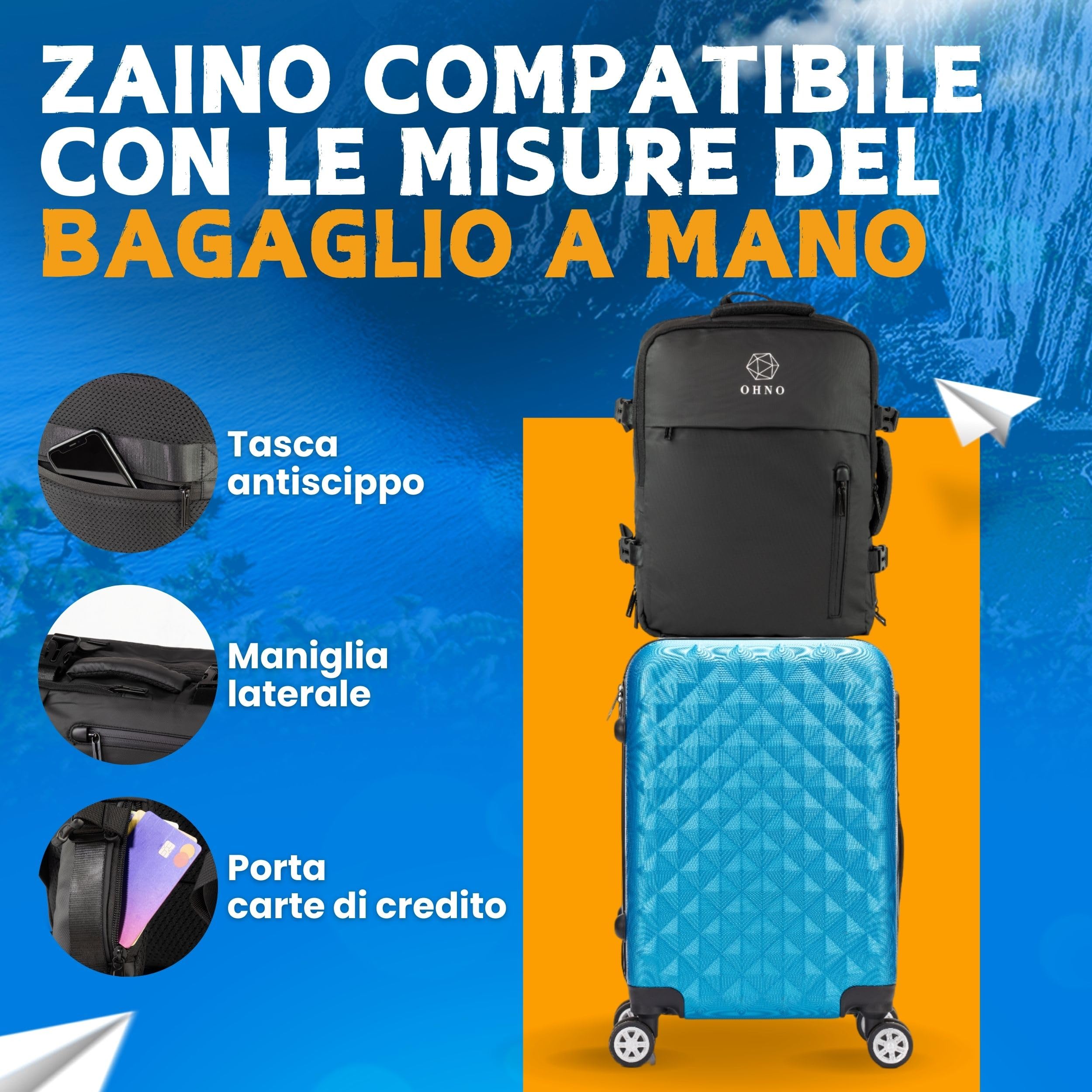 O H N O - Mochila de viaje Ryanair expandible impermeable y antirrobo - Mochila de viaje avión equipaje de mano con puerto USB y compartimento para PC - Mochilas para avión, trabajo y universidad,