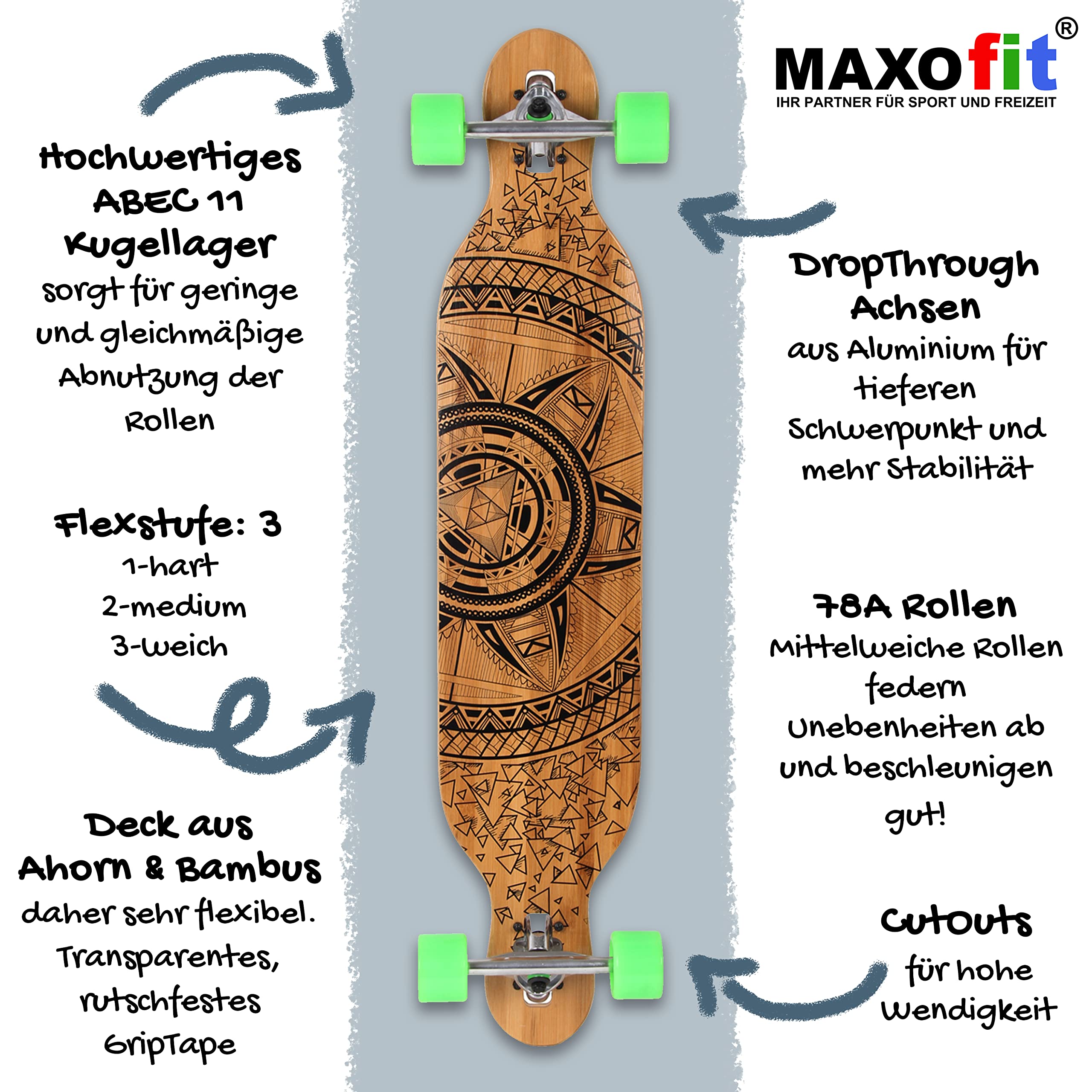 MAXOfit Longboard GeoLines Bambus/Ahorn No. 40 - Board mit flexiblem Deck & mittelweichen Rollen - Drop Through Achsen und Cut Outs für Wendigkeit und Stabilität