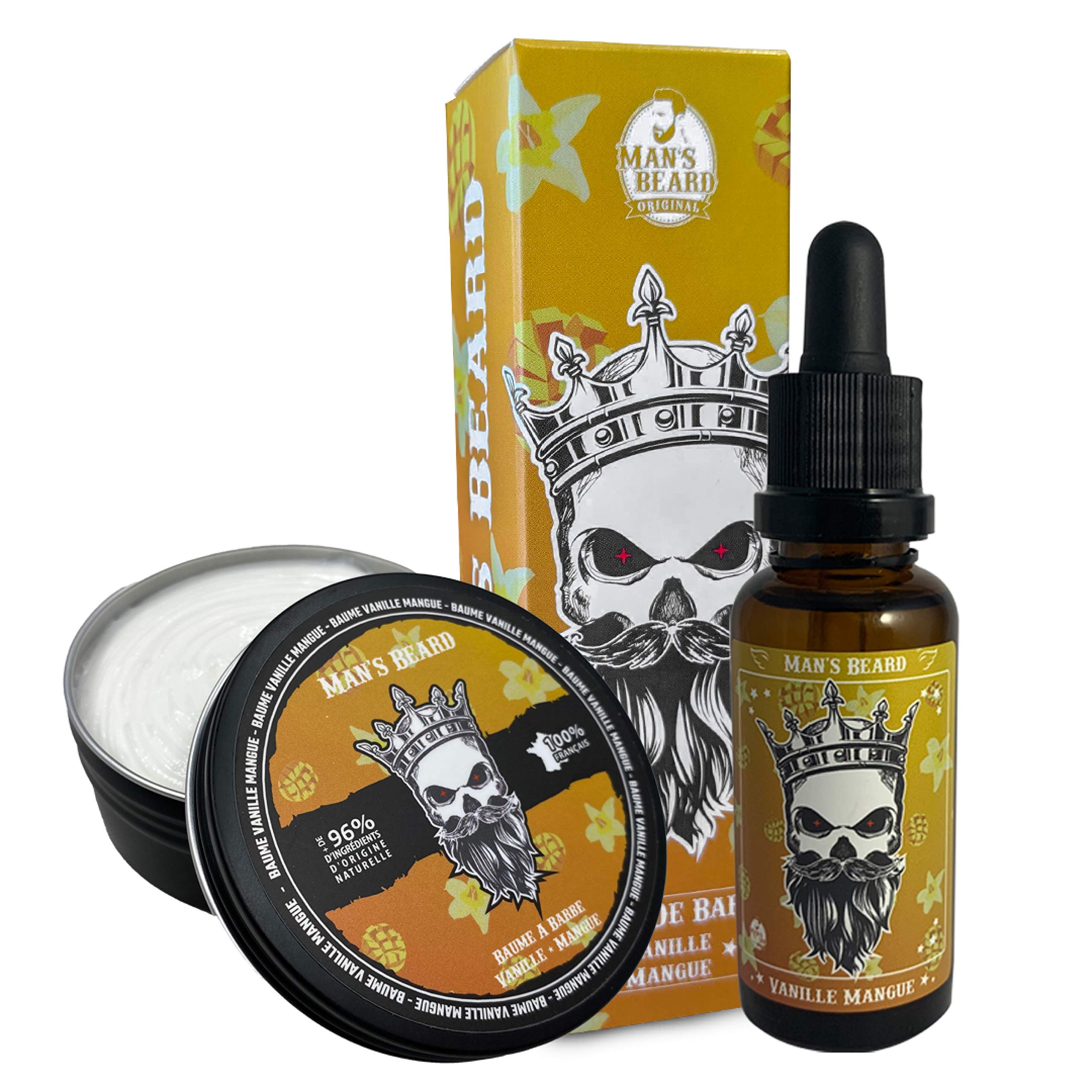 Man's Beard - Coffret Barbe et Moustache - Baume De Barbe 90ml Et Huile à Barbe Parfumé Vanille Mangue 30ml – Ingrédients d’origine Naturelle - 100% Fabrication Française