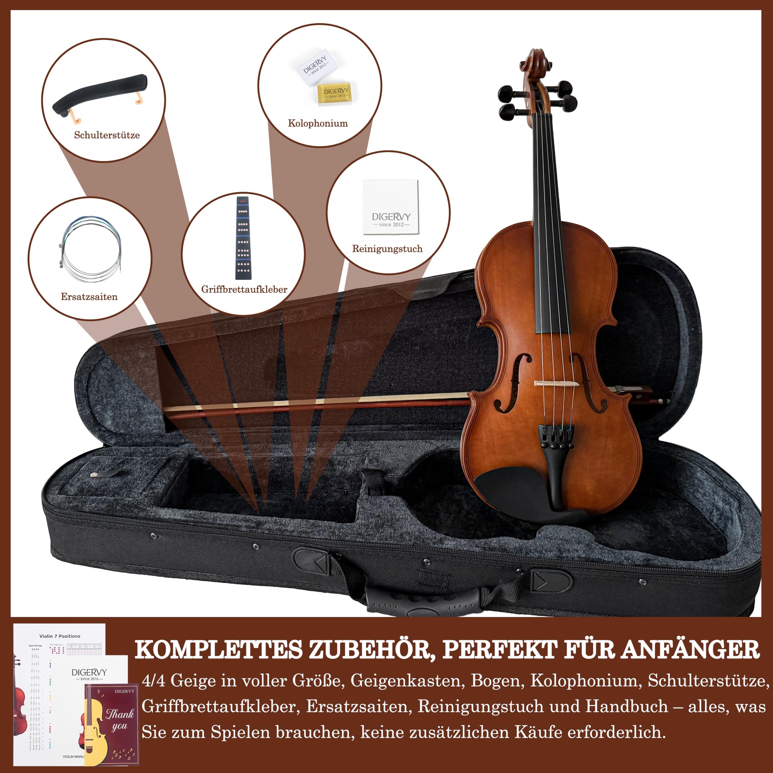 Geige 4/4 Vollgröße – Violine Anfänger Set für Erwachsene & Schüler mit Geigenbogen aus Palisander, Geigenkoffer, Schulterstütze, Ersatzsaiten & Steg – Akustische Einsteiger Geige