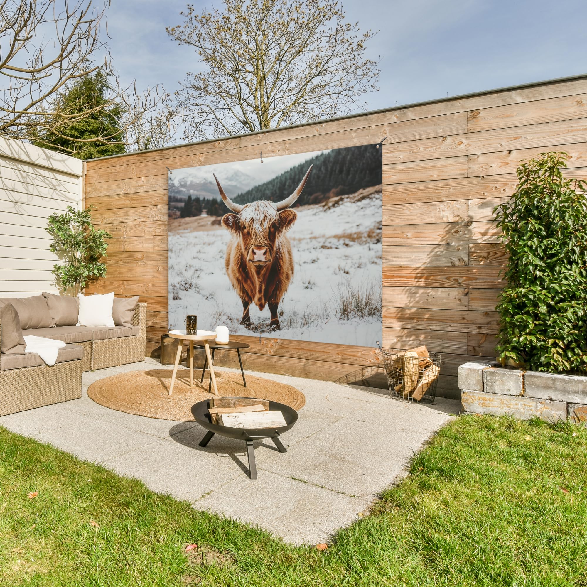 MuchoWow© Poster De Jardin Decoracion Balcón Wall Decoration Adornos Pared | 160x120 cm - Terraza Exterior Decoración Patio Posters Decorativos Highlander escocés - Paisaje - Nieve - Montañas