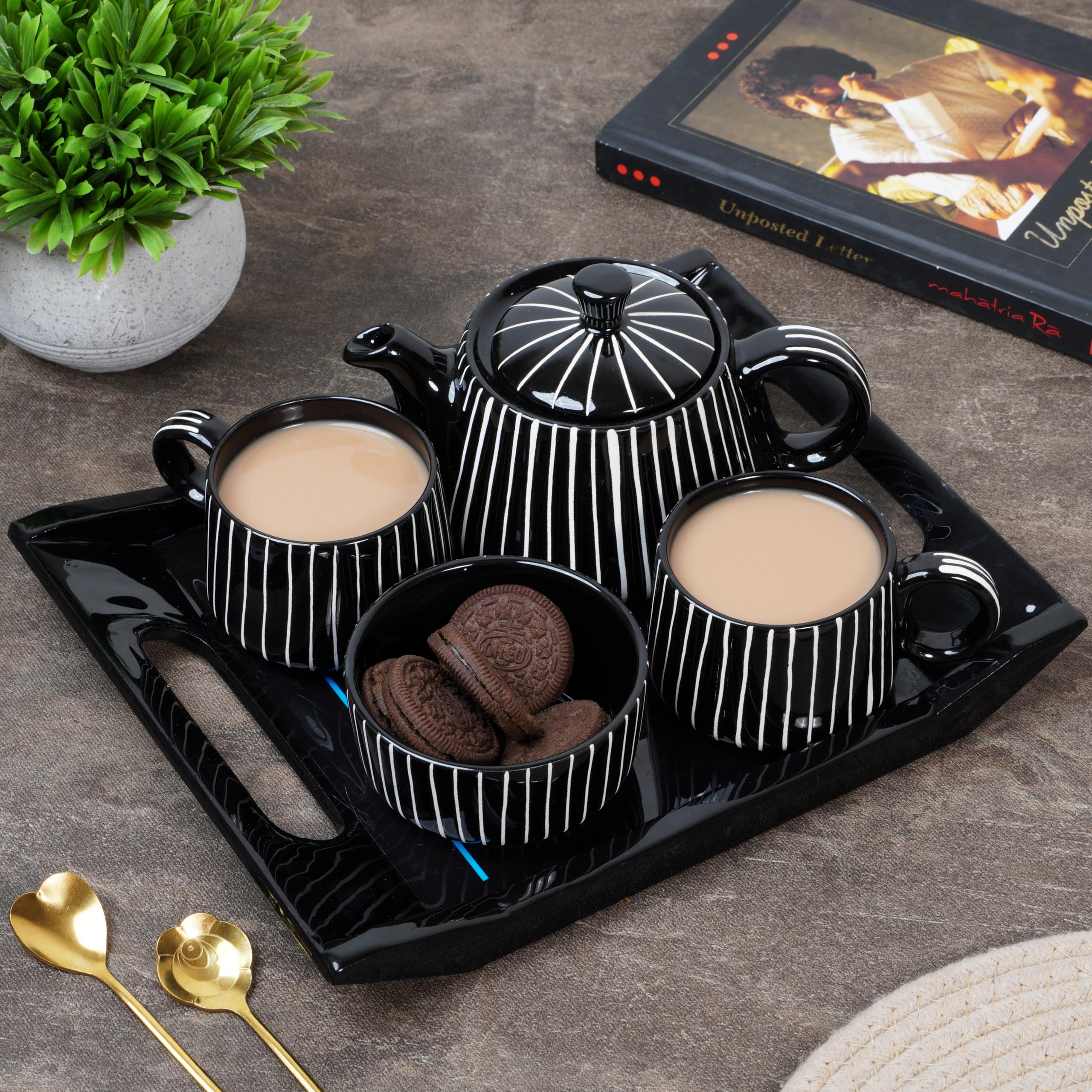 Ceramic Handcrafted Midnight Stripe Tea Set - 1 Kettle (350 ML), 2 Cups (160 ML), 1 Bowl (for Sugar or Snacks), 1 Tray | Microwave & Dishwasher Safe | Teapot | Gifting Option-image-9