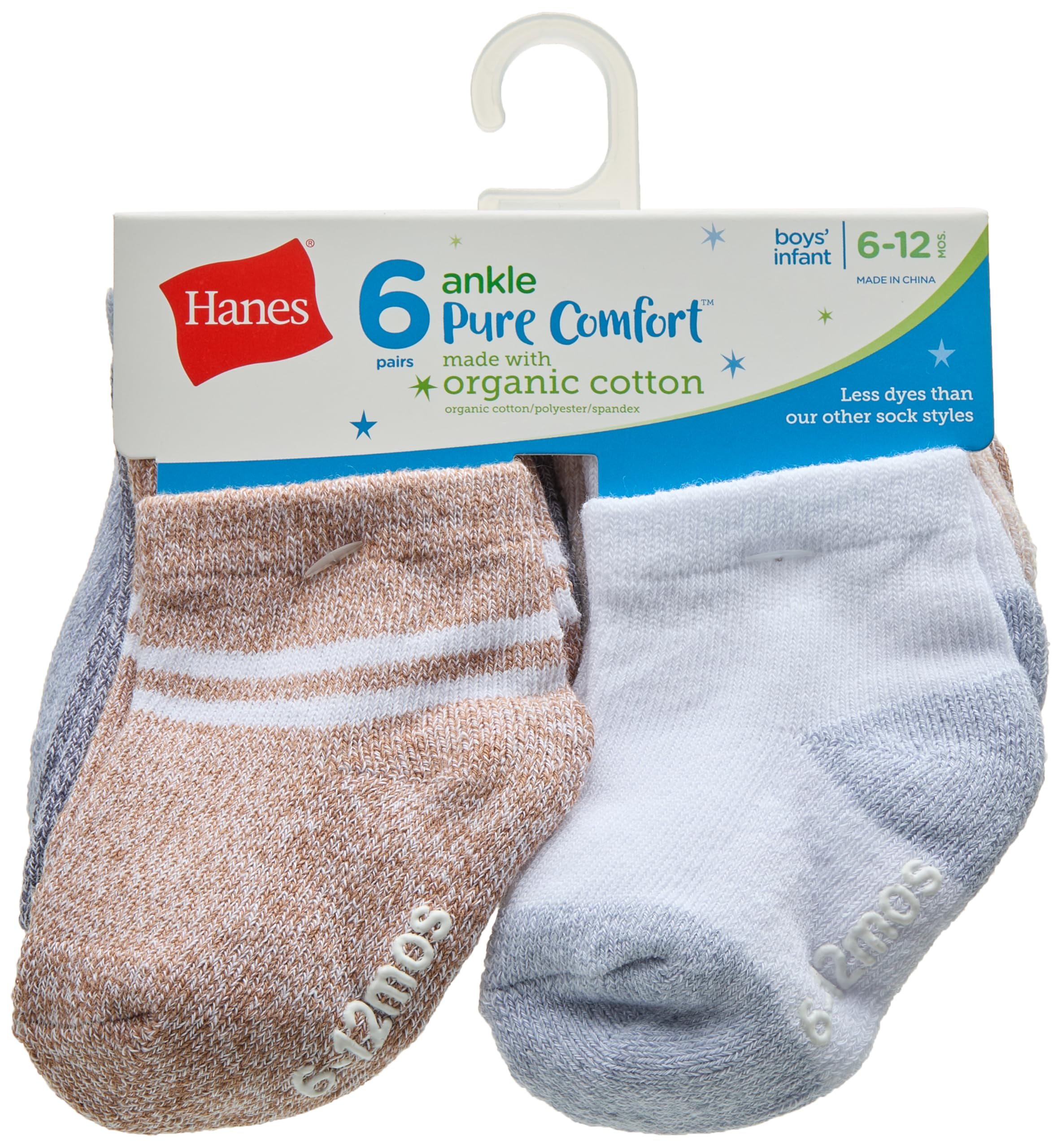 Hanes Calcetines orgánicos para bebé, calcetines de tobillo para bebé, Pure Comfort, Ez Sort, calcetines para niños y niñas, blanco, gris jaspeado, azul jaspeado, café, caqui, paquete de 12, 6-12