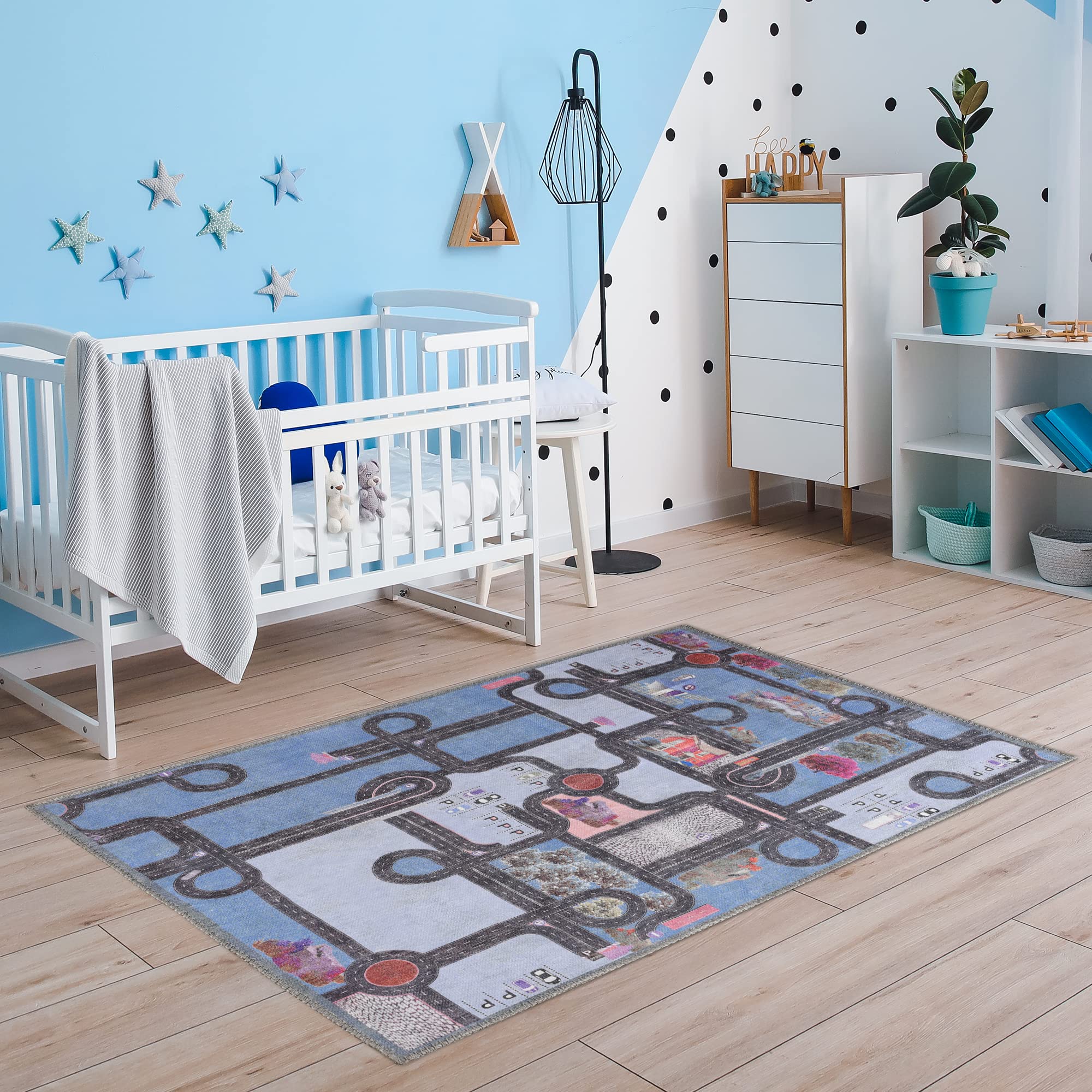 SUPERIOR Kids Indoor Area Rug, Country Road Floor Decor for Kids Bedroom Decorations, Colorful Throw, Play Room Accessories, Nursery Bedrooms, Cute, Soft Rugs, 3' x 5', Blue