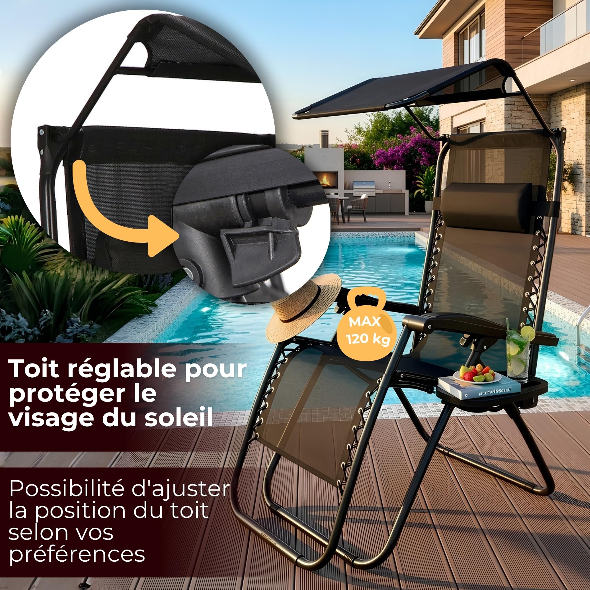 SPRINGOS Chaise Longue avec Pare- Soleil Chaise de Plage avec accoudoirs 62 x 110 cm