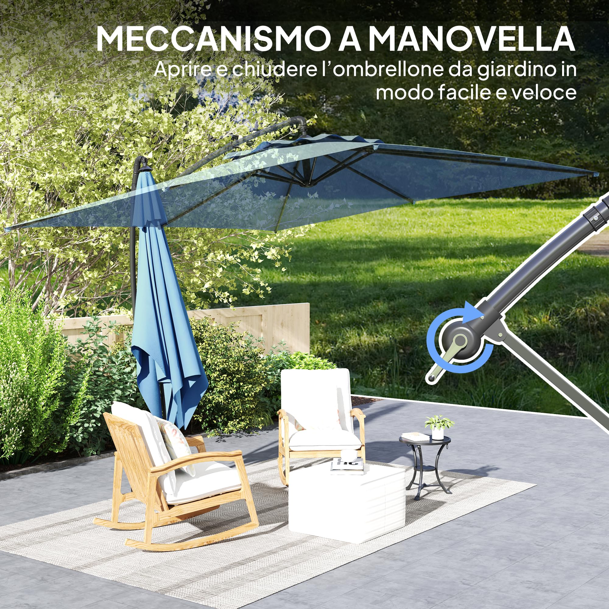 Outsunny Ombrellone Decentrato 3x3.25m con Tettuccio Regolabile a 360°, Base a Croce, Prese d'Aria e Manovella, Ombrellone da Giardino Inclinabile in Metallo, per Cortile, Terrazza, UV50+