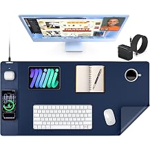 TopMade Mouse Pad with 15W Wireless Charging, XXL Large Leather Desk Mat, Waterproof Gaming Mousepad Home Office Desk Pad Protector, Blue Includes 20W PD Power Adapter & 6.56ft Woven Cable