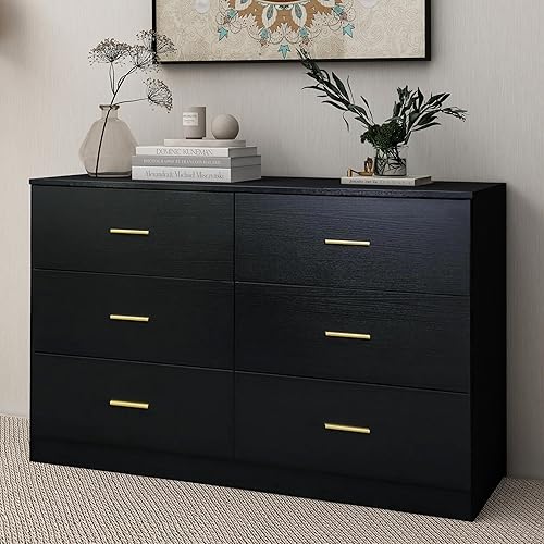 Cómoda moderna de 6 cajones negra para dormitorio, amplia cómoda de almacenamiento con asas doradas, cómodas para bebé para cuarto de bebé