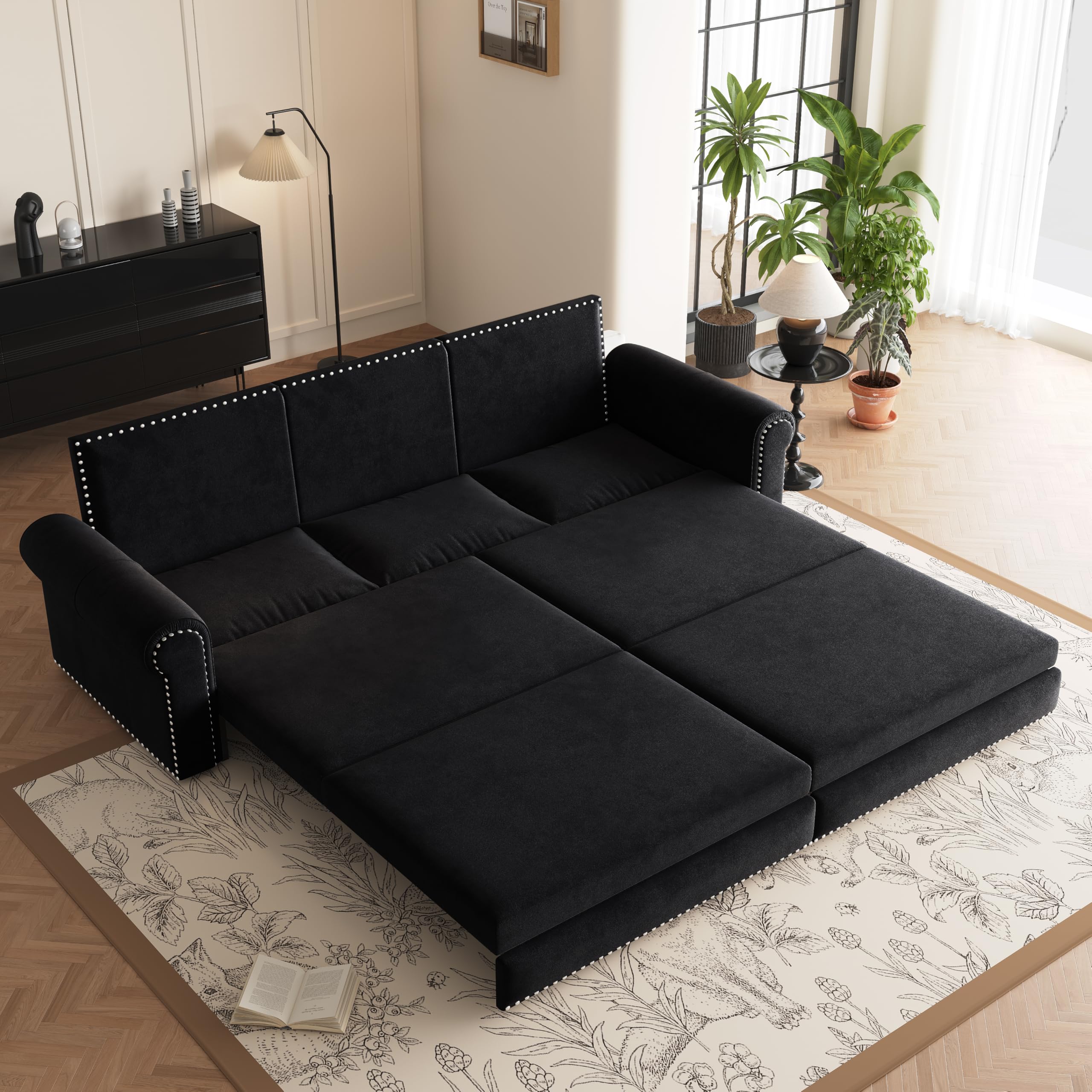 93.7" Pull Out Sofa Bed King Size with Pillows,3-in-1 Convertible Sleeper Couch with Nails Trim,Velvet Upholstered 3 Seater Sofabed for Living Room,Black