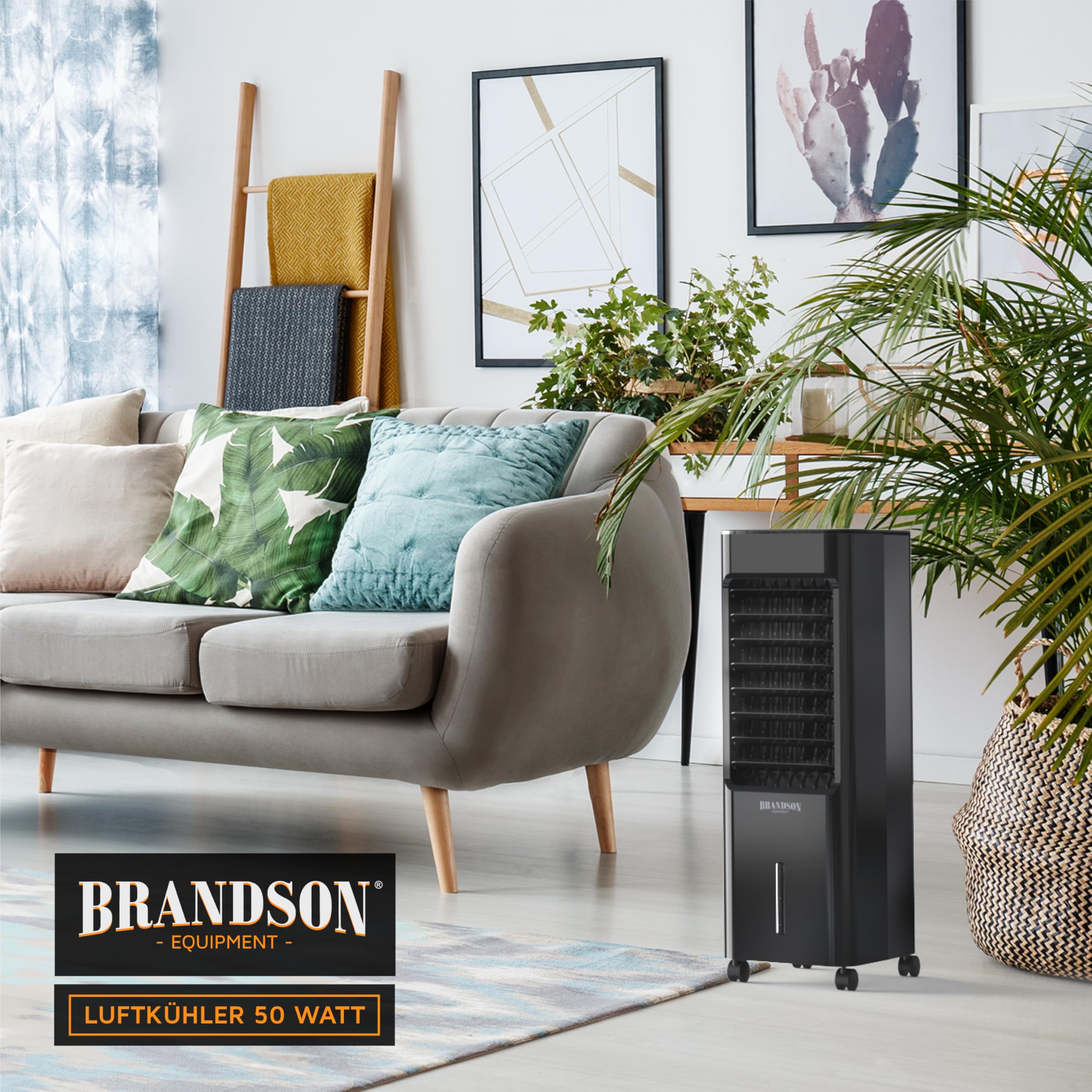 Brandson - Luftkühler mobil mit Wasserkühlung - Preisträger 2025 - Mobile Klimaanlage ohne Abluftschlauch - Luftbefeuchter Ventilator Standventilator - leise - Verdunstungskühler