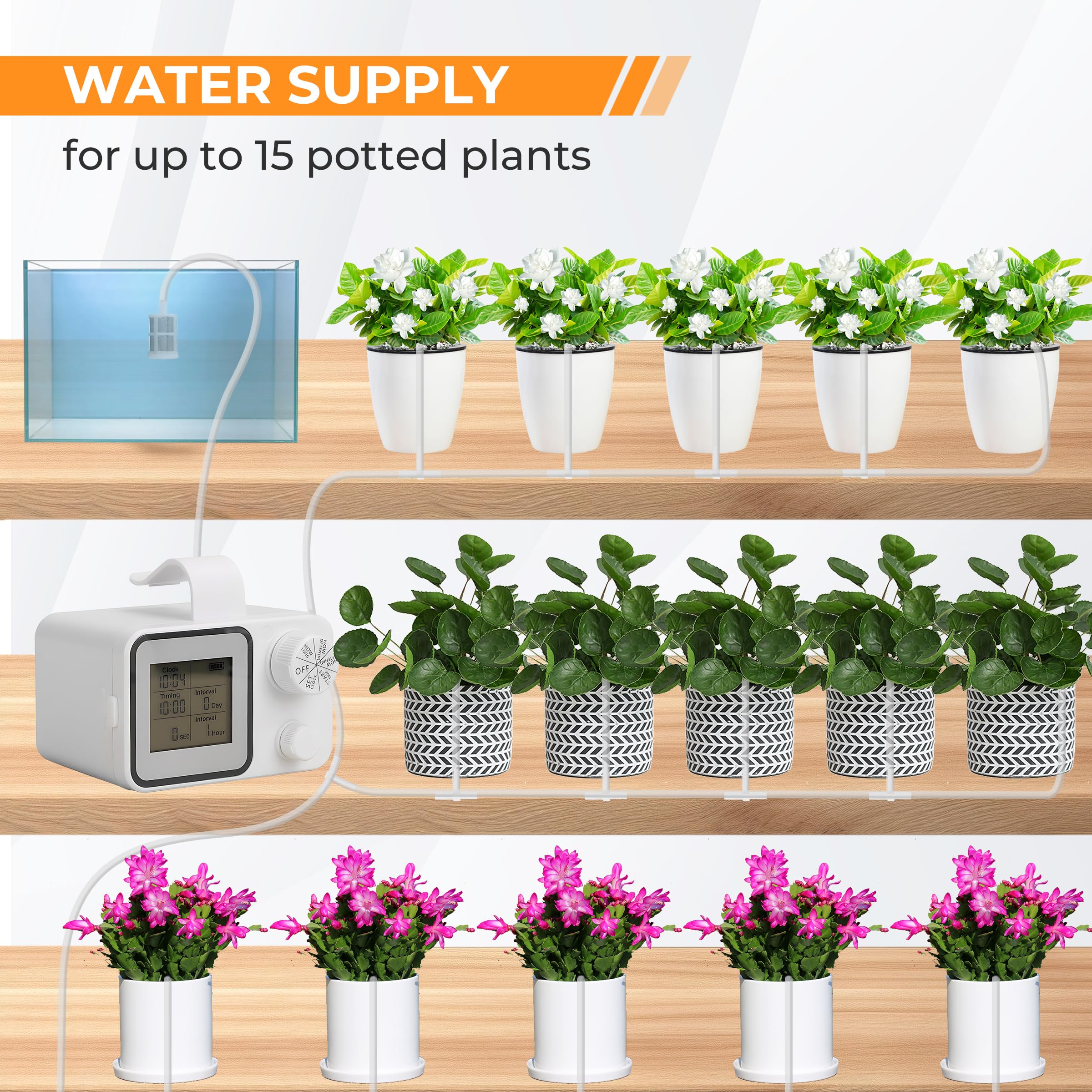 Riego Automatico Macetas para 15 Plantas, Sistema de Riego por Goteo, Kit Riego por Goteo para Macetas, Maceta Inteligente Set, Temporizador de Agua