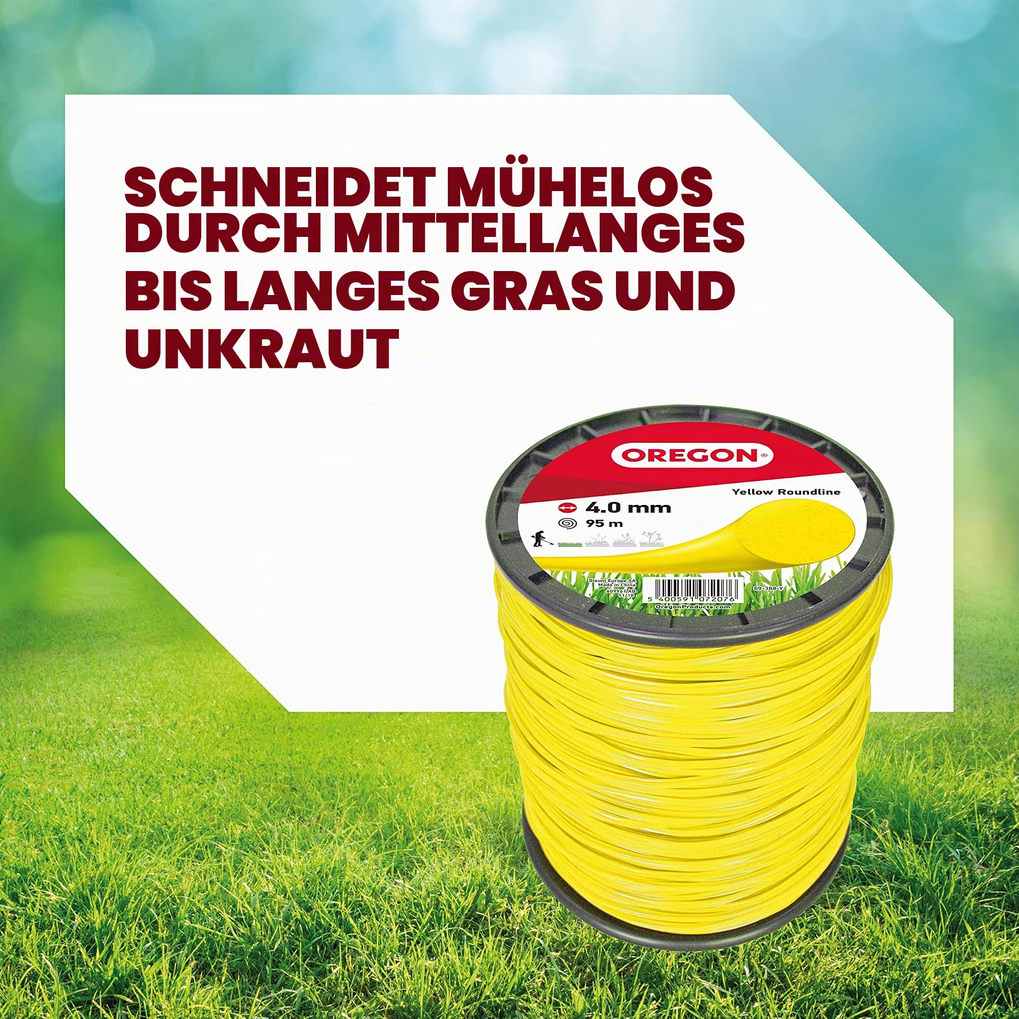 Oregon Runder Mähfaden 4 mm, Gelb, Für hohes Gras, Unkraut, Rasen und dichte Vegetation, Strapazierfähiger Profi-Nylonfaden, Für die meisten Rasentrimmer, 4 mm x 95 m (69-388-Y)