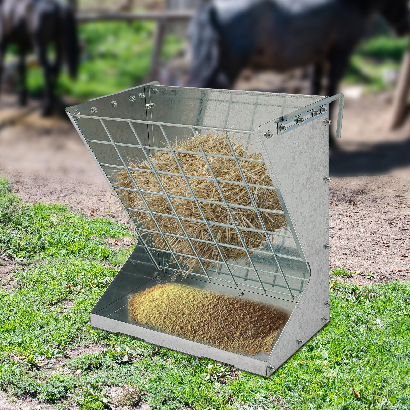 Grand Râtelier à Foin 2 en 1 pour Moutons et Chèvres avec Râtelier à Nourriture, Hay & Grain/Salt Feeder en Métal, Ratelier à Nourriture pour Chevaux avec Grille de Conservation de Aliment