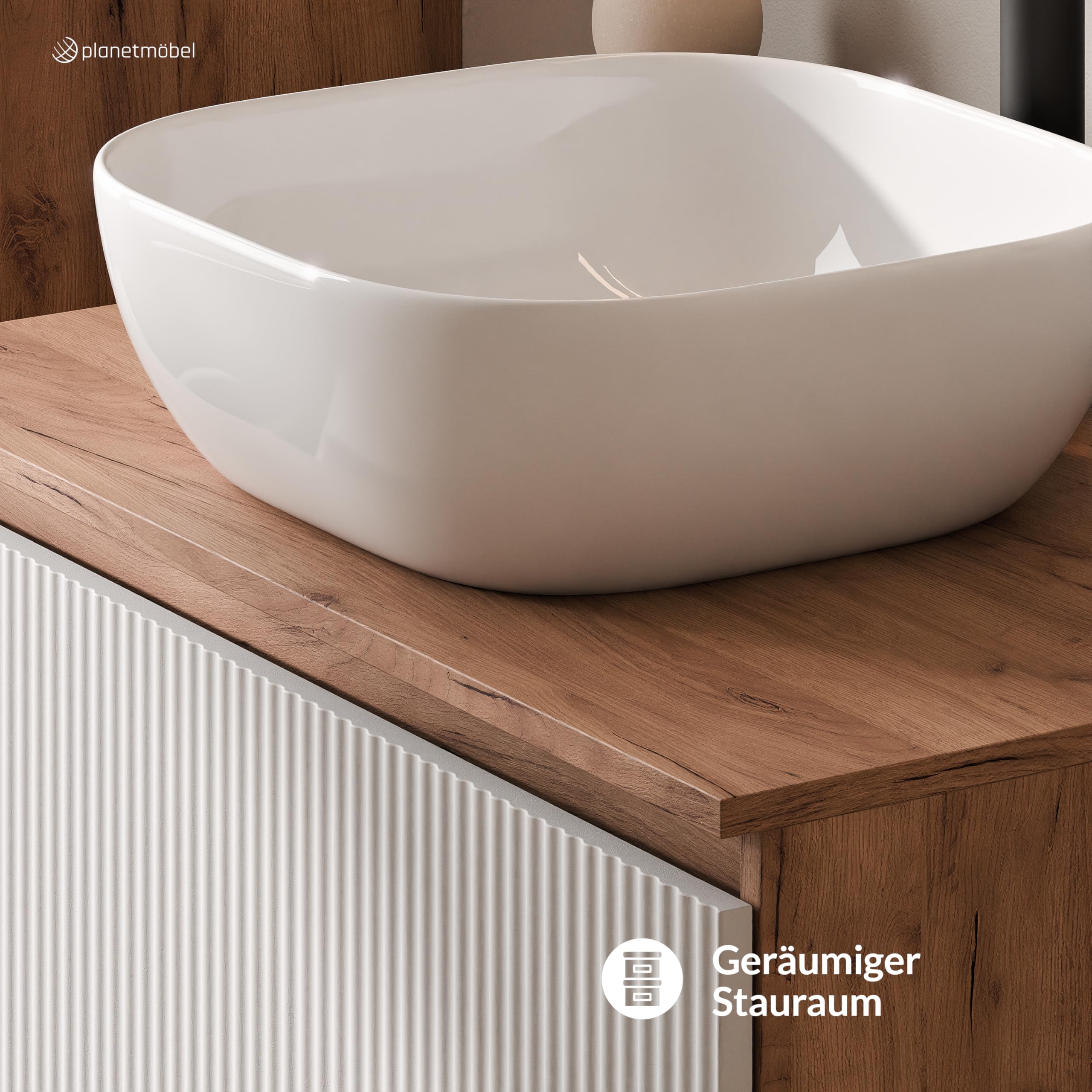 Planetmöbel Arisa - Conjunto de muebles de baño con mueble de 80 cm, color roble dorado blanco (acanalado) con espejo NOVA, lavabo de 42 cm, color: Blanco