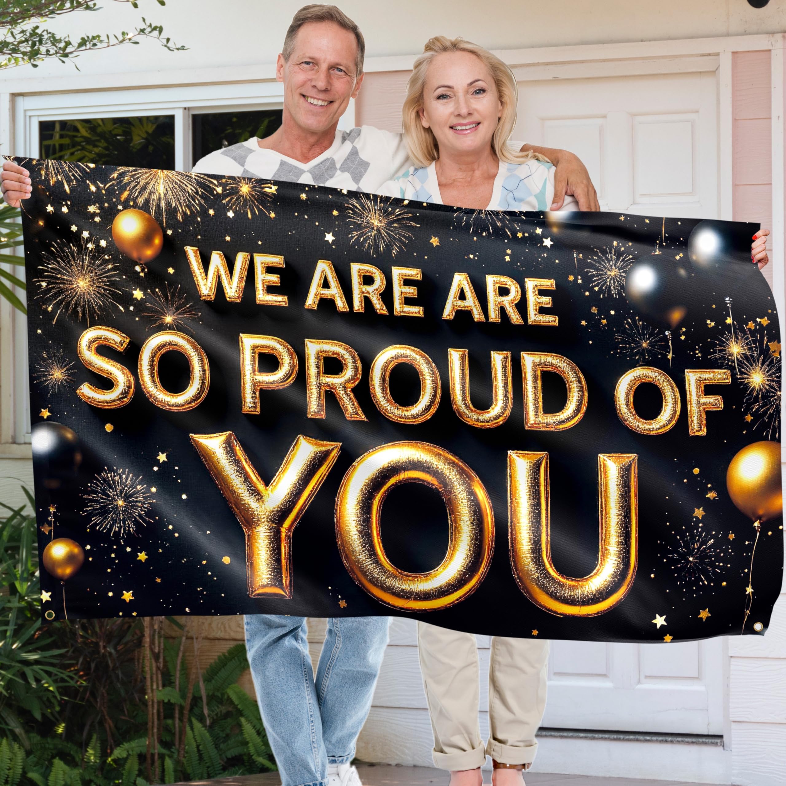 Congratulations Banner - Graduation Banner 5ft x 3ft - We are so Proud of You Decorations - Well Done - You Did It (Black & Gold) - Image 3