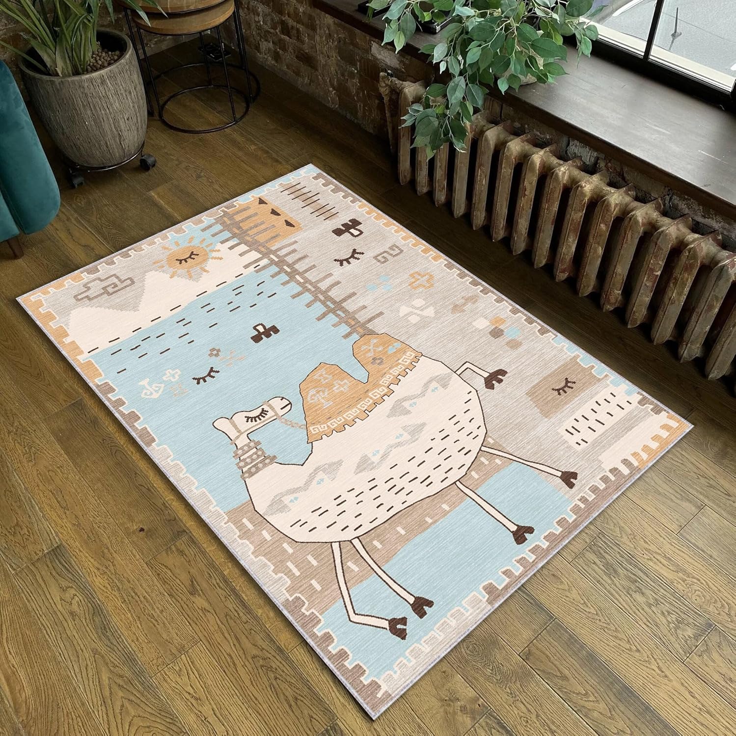 Boho Rug Soft Washable Nonslip Camel Carpet for Toddler Children Room Safari Animal Baby Shower 2x3 Plush Surface Beige Mat Cozy Traditional Cartoon Decor