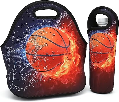Neoprene Lunch Bag,Thick insulated Lunch Box Bag For Women,Men & Kids Includes Water Bottle Carrier For Snacks & Lunch- Lightweight|Rugged Lunchbox |For Travel,Picnic,School,Office Fire Basketball