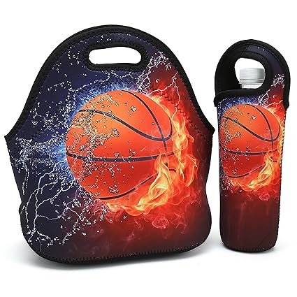 Neoprene Lunch Bag,Thick Insulated Lunch Box Bag for Women,Men & Kids Includes Water Bottle Carrier for Snacks & Lunch- Lightweight|Rugged Lunchbox |for Travel,Picnic,School,Office (Fire Basketball)