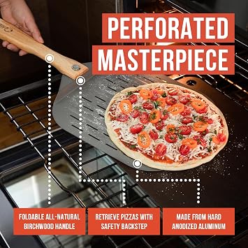 Chef Pomodoro 穴あきアルミニウムピザピール 12x14インチ 折りたたみ式木製ハンドル