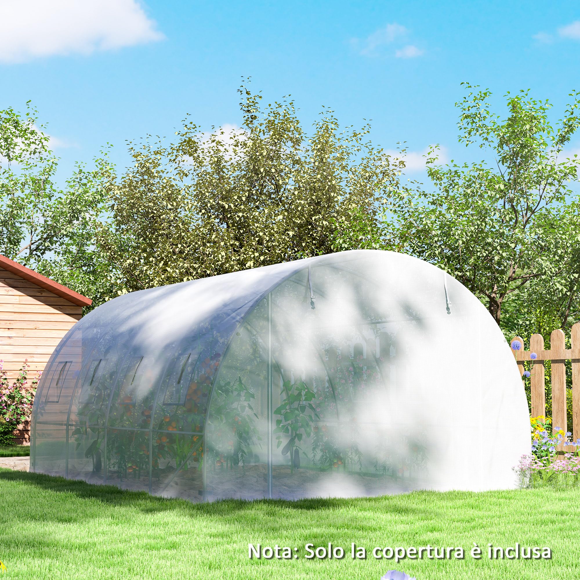 Outsunny Cubierta de Invernadero PE 4x3 m, Lona de Invernadero con 8 Ventanas, Puerta Enrollable y Bordes Enterrados, Protección UV, para Agricultura, Plantas, Huertos y Jardín, Blanco