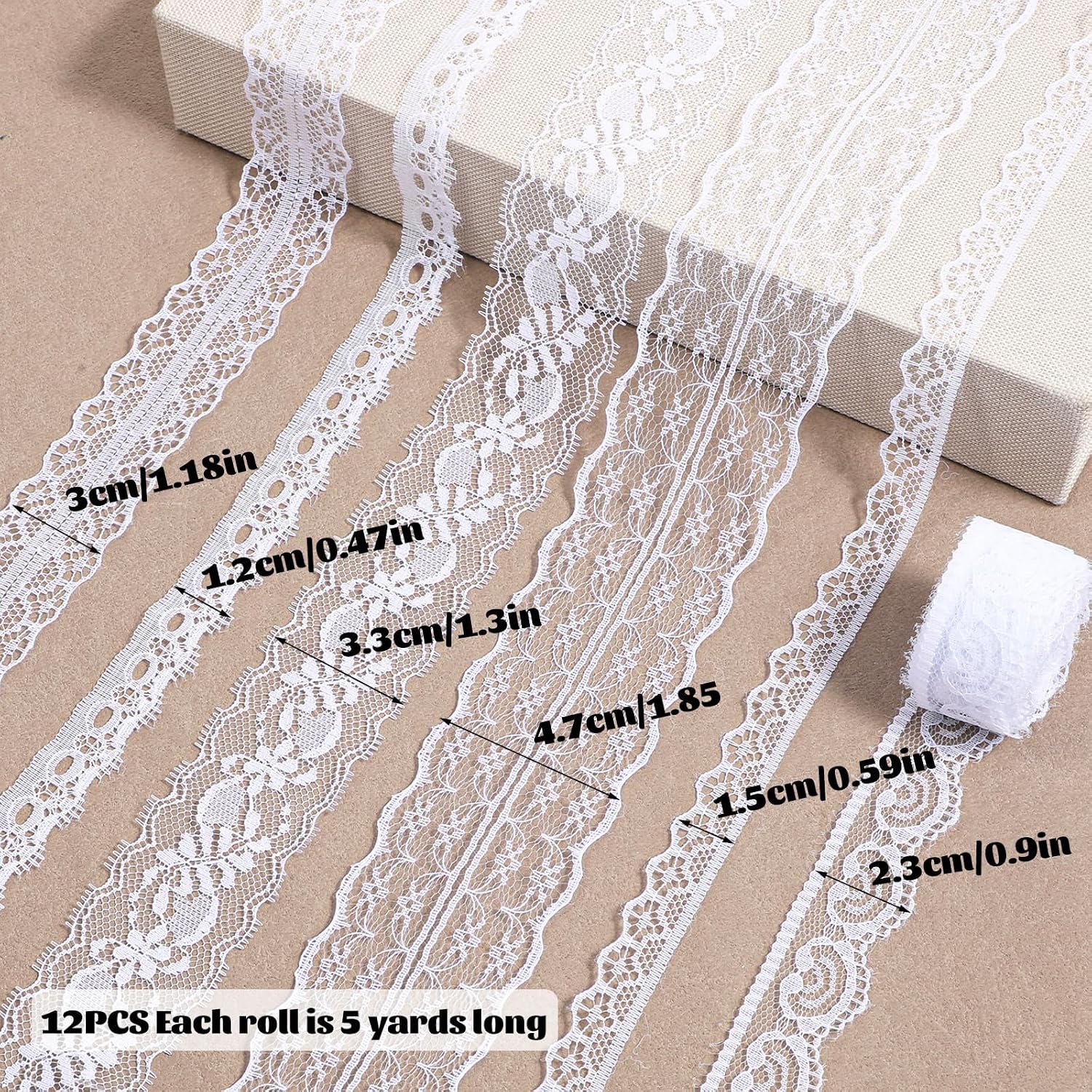 12 Roll White Lace Trim Vintage Elastic Ribbon Lace Cotton Crochet Fabric with Scalloped Edge Laces Trim Sewing Crafts Laces Applique for Gift DIY Wrapping Dress Decoration Wedding Bridal 60 Yards