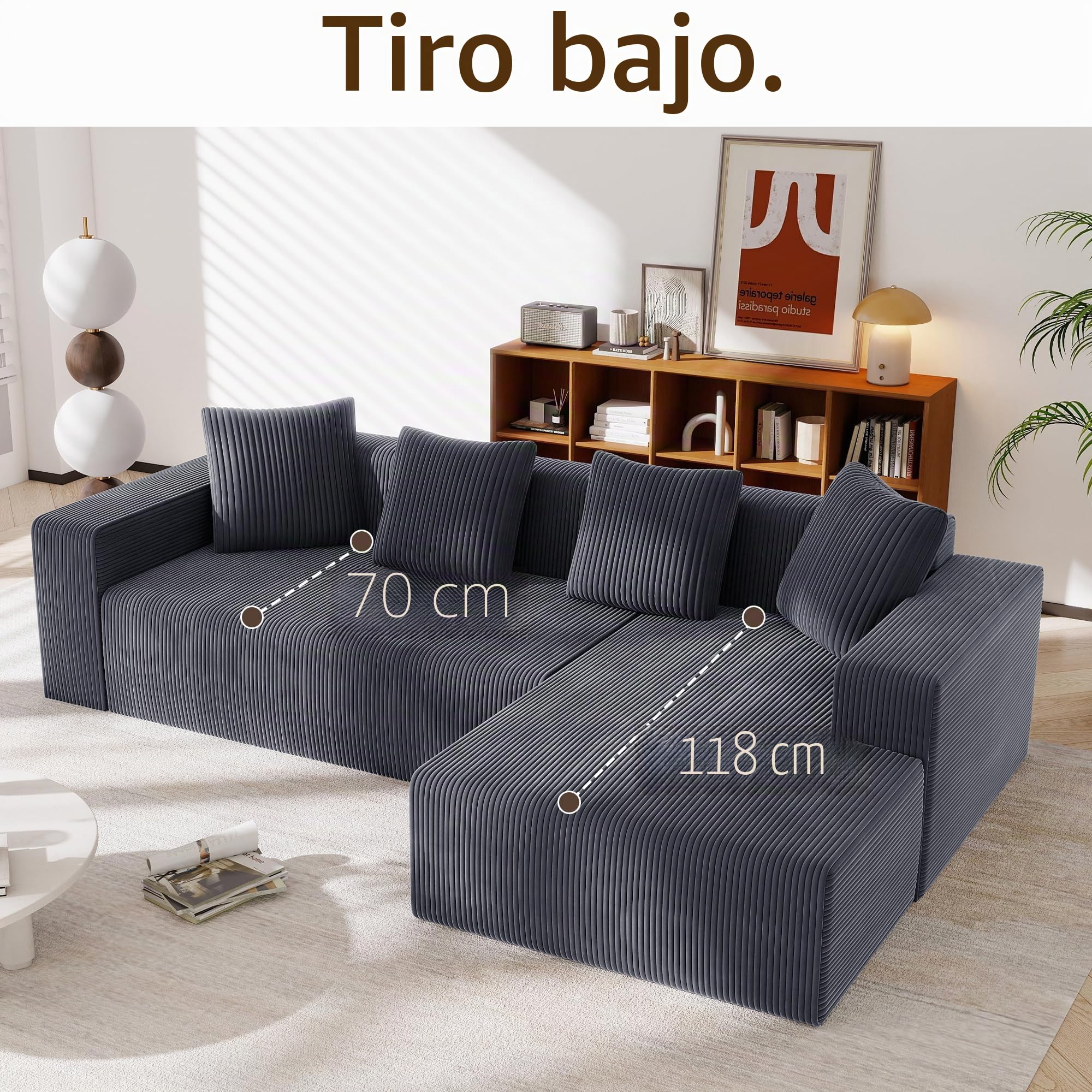 Bladez Sofá esquinero en L de 4 plazas - Sofá modular de pana con chaise longue reversible, 6 cojines, espuma de alta densidad, patas de plástico, duradero y cómodo, para salón, apartamentos (gris + 3