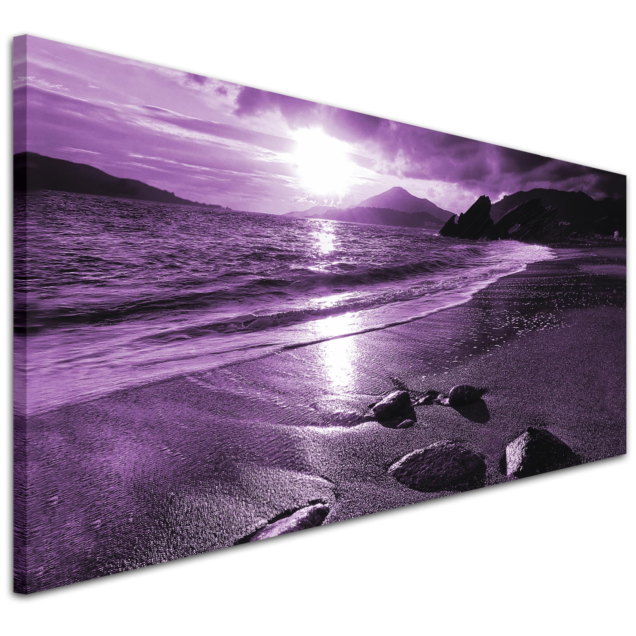 Wallfillers Cheap Purple Canvas Pictures of a Beach Sunset - Modern Seascape Wall Art - 118x49cm