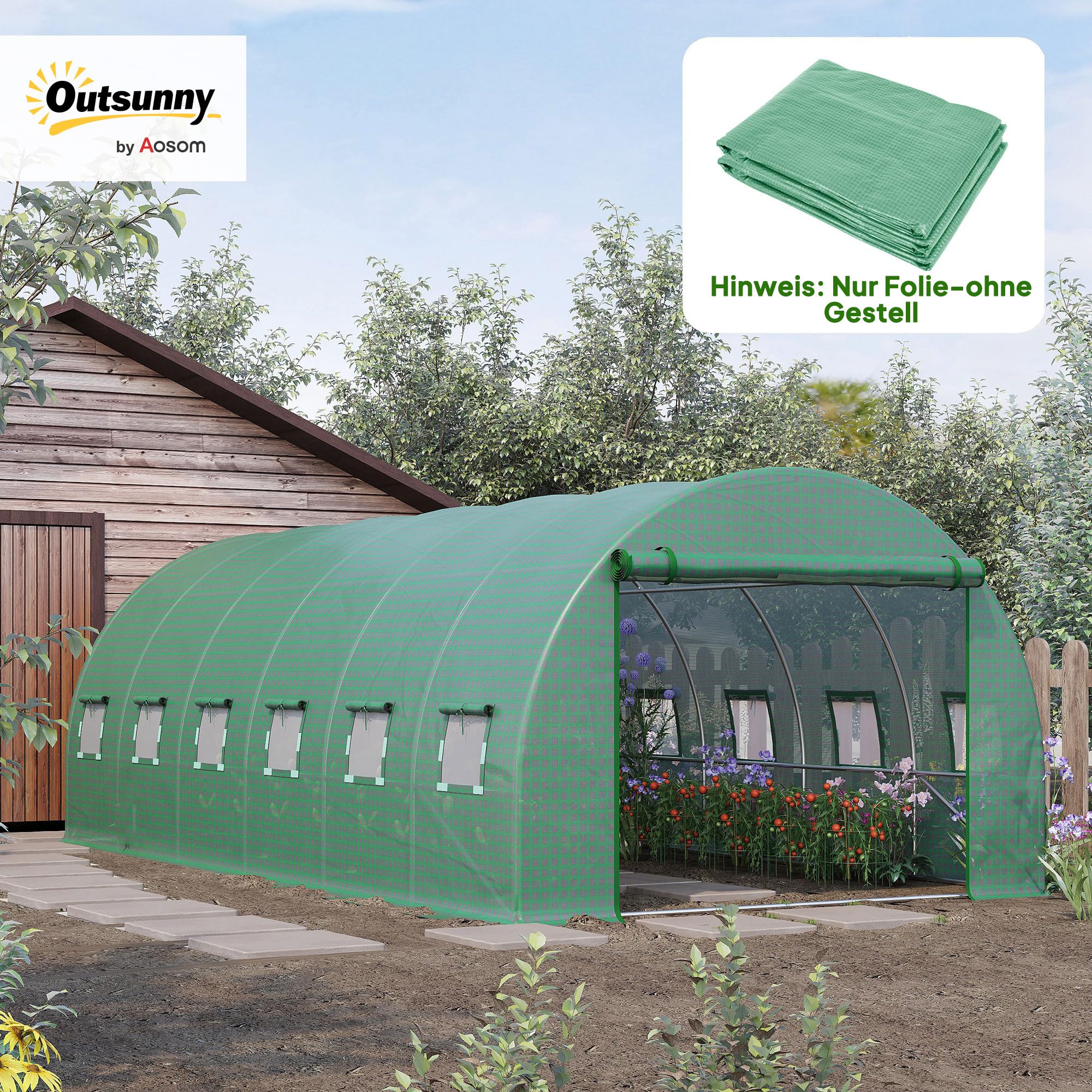 Outsunny Polyethylenfolie 6x3x2m Ersatzfolie mit 12 Fenster für Gartentunnel Gewächshaus Folientunnel Gewächshausfolie Gartenfolie aus Polyethylen Treibhaus Folie Grün
