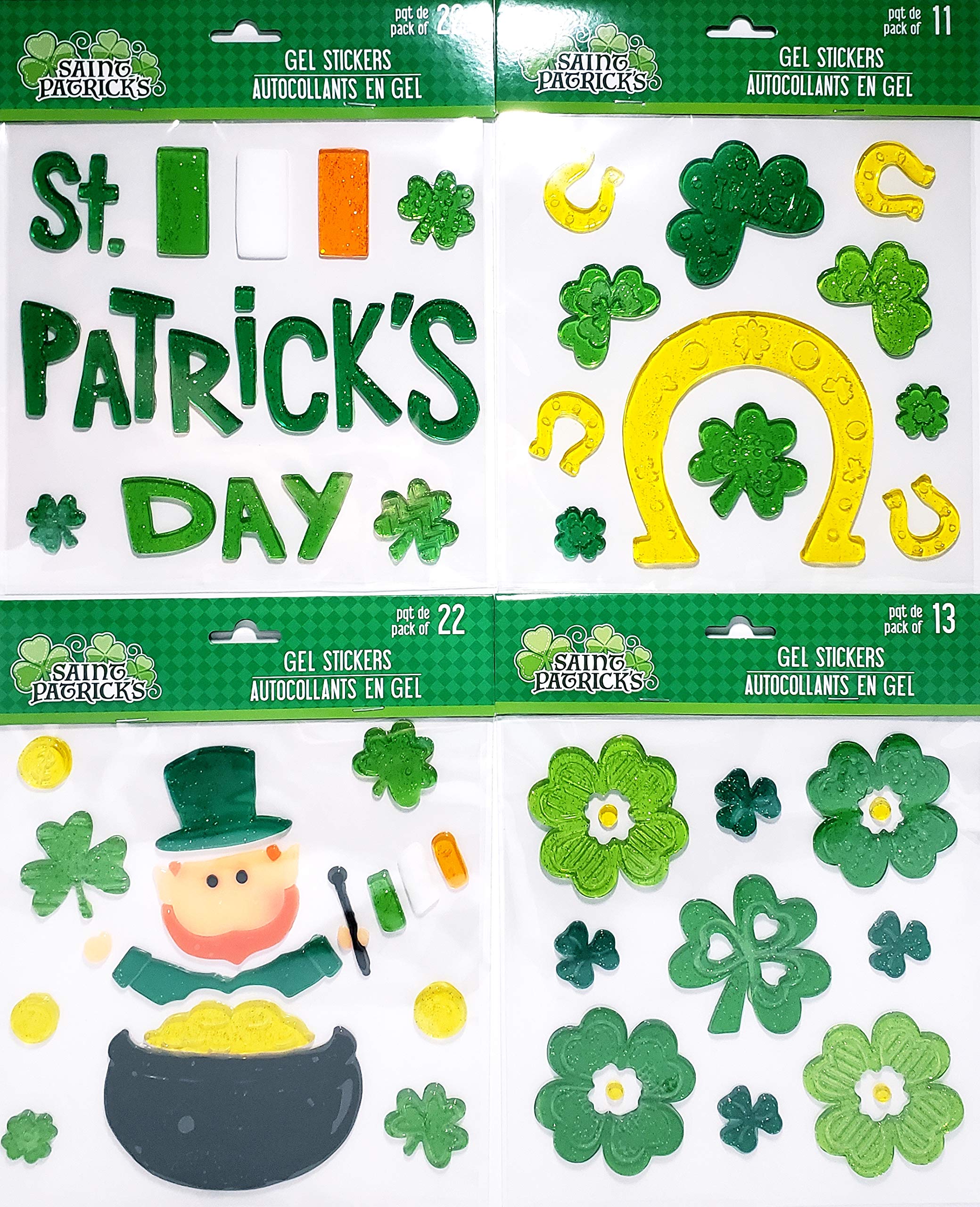 Holiday St. Patrick’s Day Window Gel Clings – Bundle of (4) Sheets, Including St Patrick’s Day, Shamrocks, Leprechaun/Pot of Gold, Luck of The Irish Horseshoes/Shamrocks (68 Pcs Total)