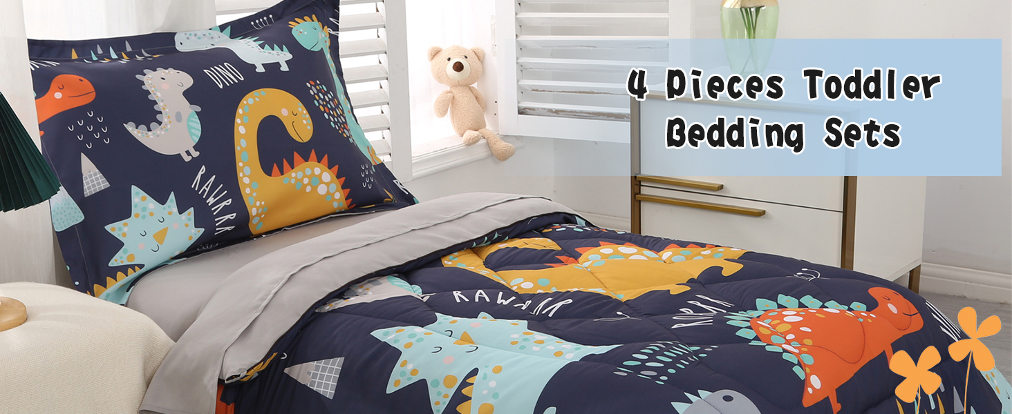 Juego De Ropa De Cama Para Niños Pequeños Wowelife, Dinosaurio, Azul Y Gris, 4 Piezas - Venta Internacional