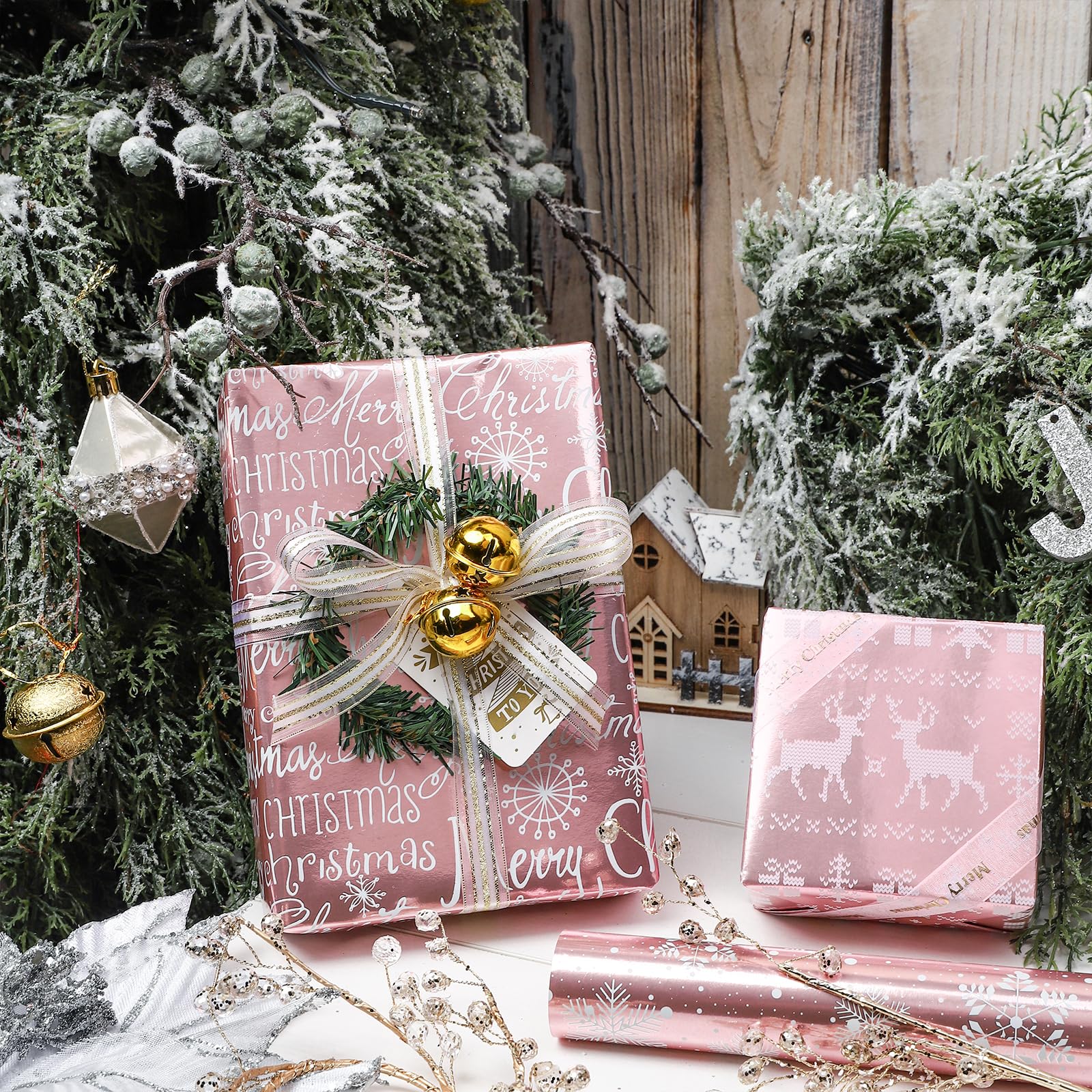 RUSPEPA Christmas Wrapping Paper Rolls - Mini Roll - 17 Inches X 10 Feet Per Roll, Total Of 3 Rolls - Pink Design - Foto 6