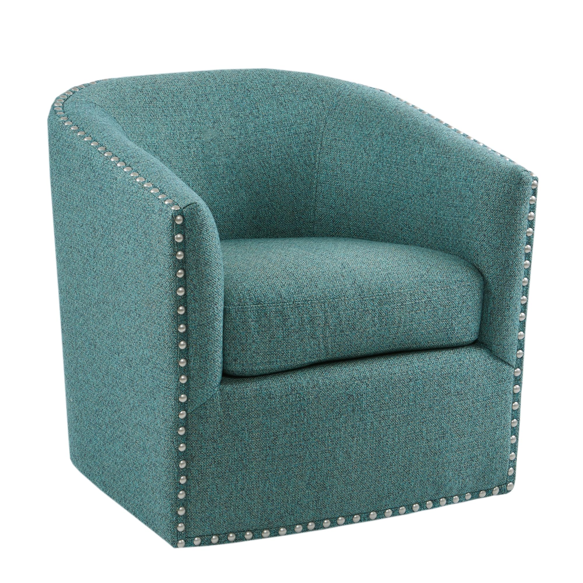 Madison Park Swivel Barrel Accent Chair, Upholstered Curved Back with 7-Inch Thick Woven Cushion, 360° Swivel, Nailhead Trim, Comfy Chair for Living