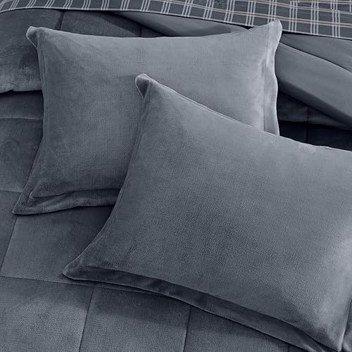 Miniatura 6 de Juego de cama de lujo en una bolsa, tamaño matrimonial, juego de ropa de cama de franela de felpa de 7 piezas de color azul claro, edredones de