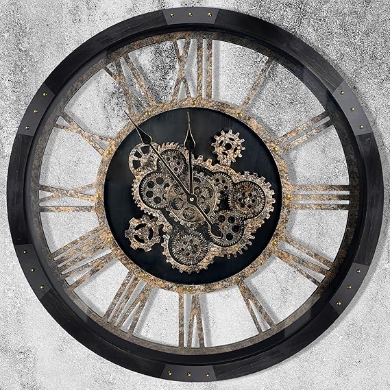 DORBOKER 30" Large Wall Clock Moving Gears,Oversized Industrial Rustic Farmhouse Clocks for