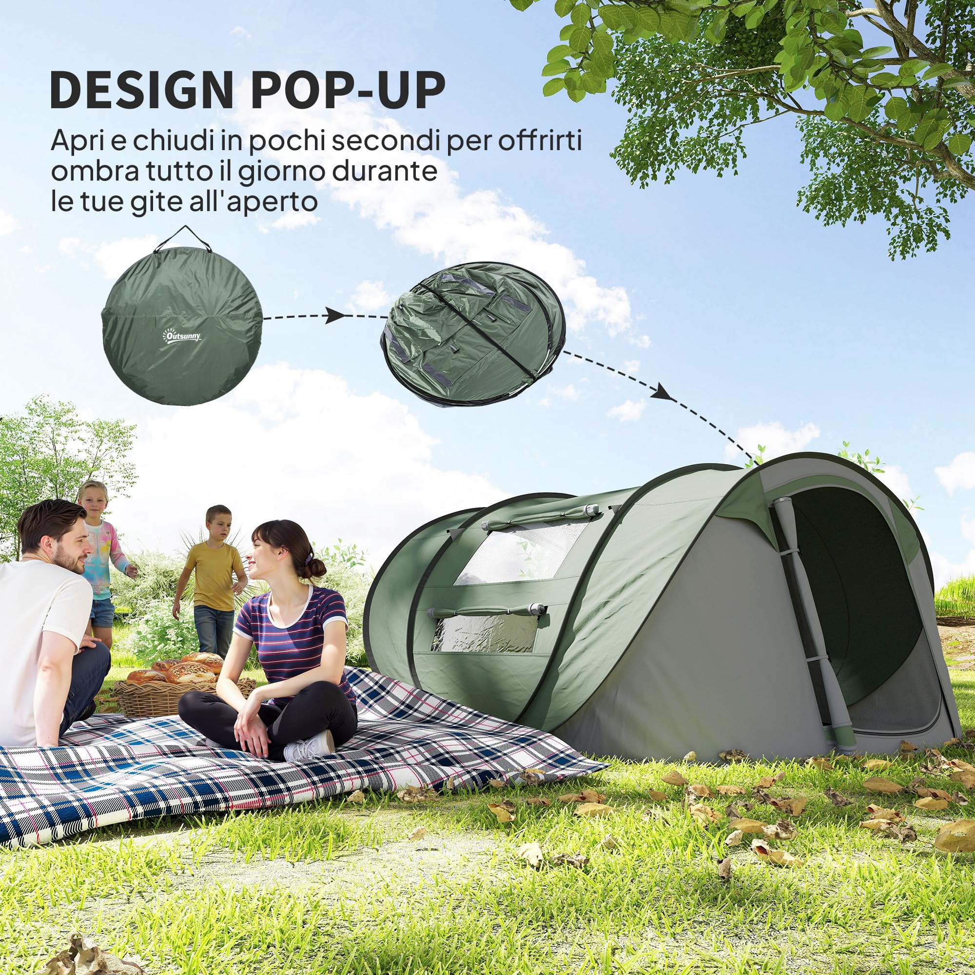 Outsunny Tenda da Campeggio Pop Up 2 Posti Impermeabile 263.5x220x123 cm Verde Scuro