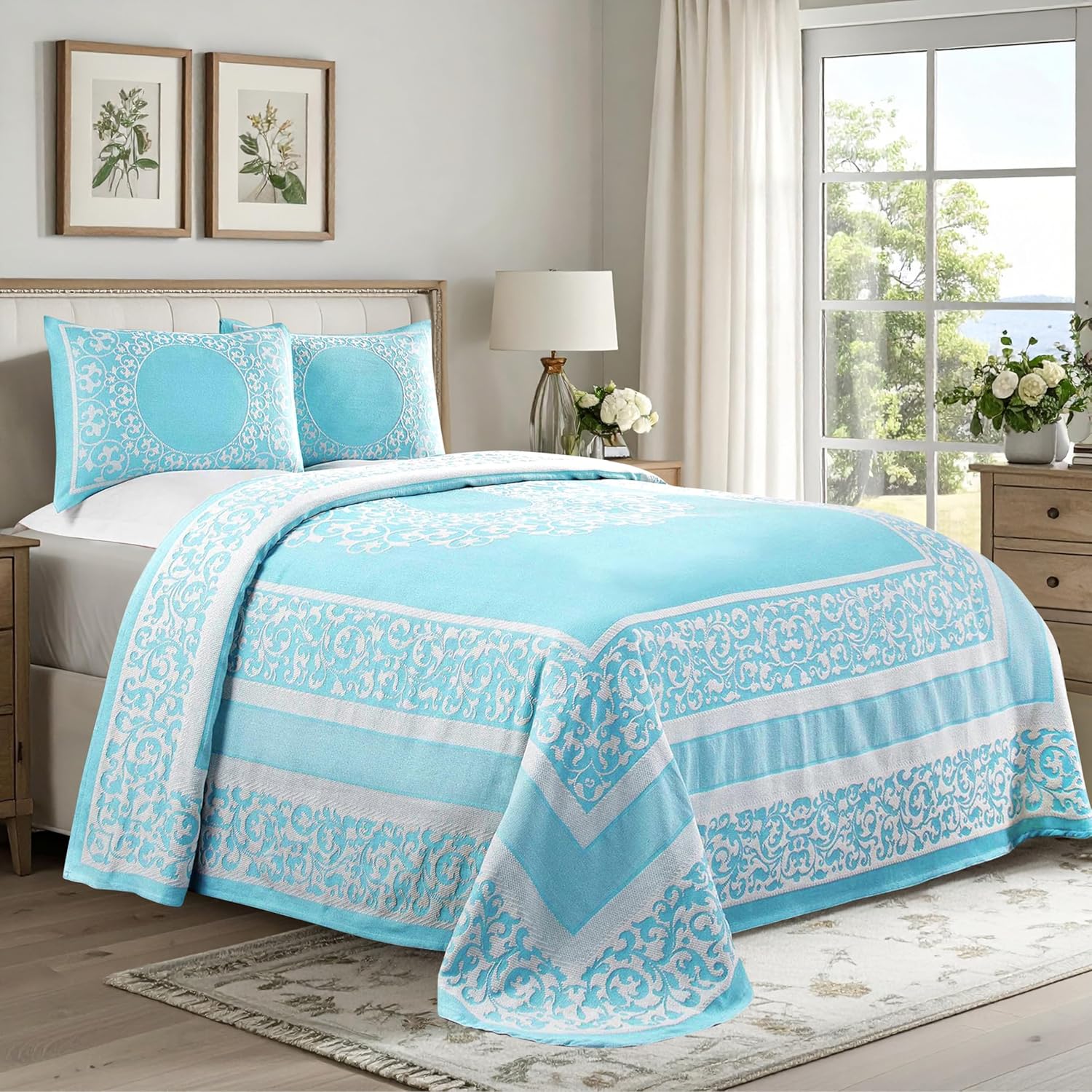 Superior Cotton Blend Bedspread Set, Includes Oversized Bedspread and 2 Matching Pillow Shams, Light Weight Blanket, Bedding Decor, Jacquard Vintage Floral Mandala, Lyron Collection, Queen, Off-White