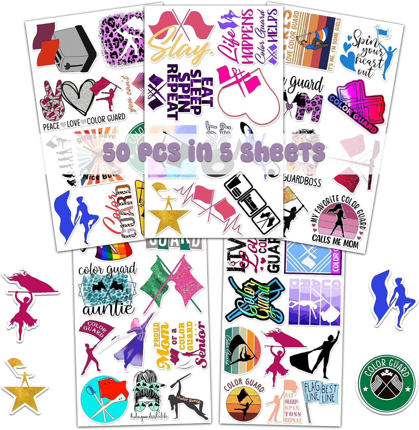 50 Pcs Color Guard Sticker Colorful Vinyl Decal Phone Tablet Notebook Helmet Bike Water Bottle Laptop Luggage Car Skateboard Party Supplies Gifts for Adults Women Men image 2