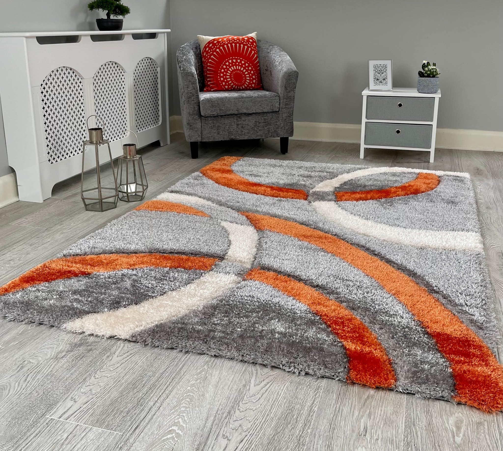 NEW ORANGE SILVER GREY CREAM LUXURIOUS THICK PILE MODERN SOFT SILKY CONTEMPORARY SHAGGY RUGS MATS UK (120X170CM)