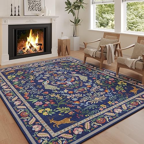 8x10 Area Rugs for Living Room Washable Rug Floral Non-Slip Large Rug for Living Room, Bedroom, Farmhouse, Dining Room, Kids Playroom(Blue)