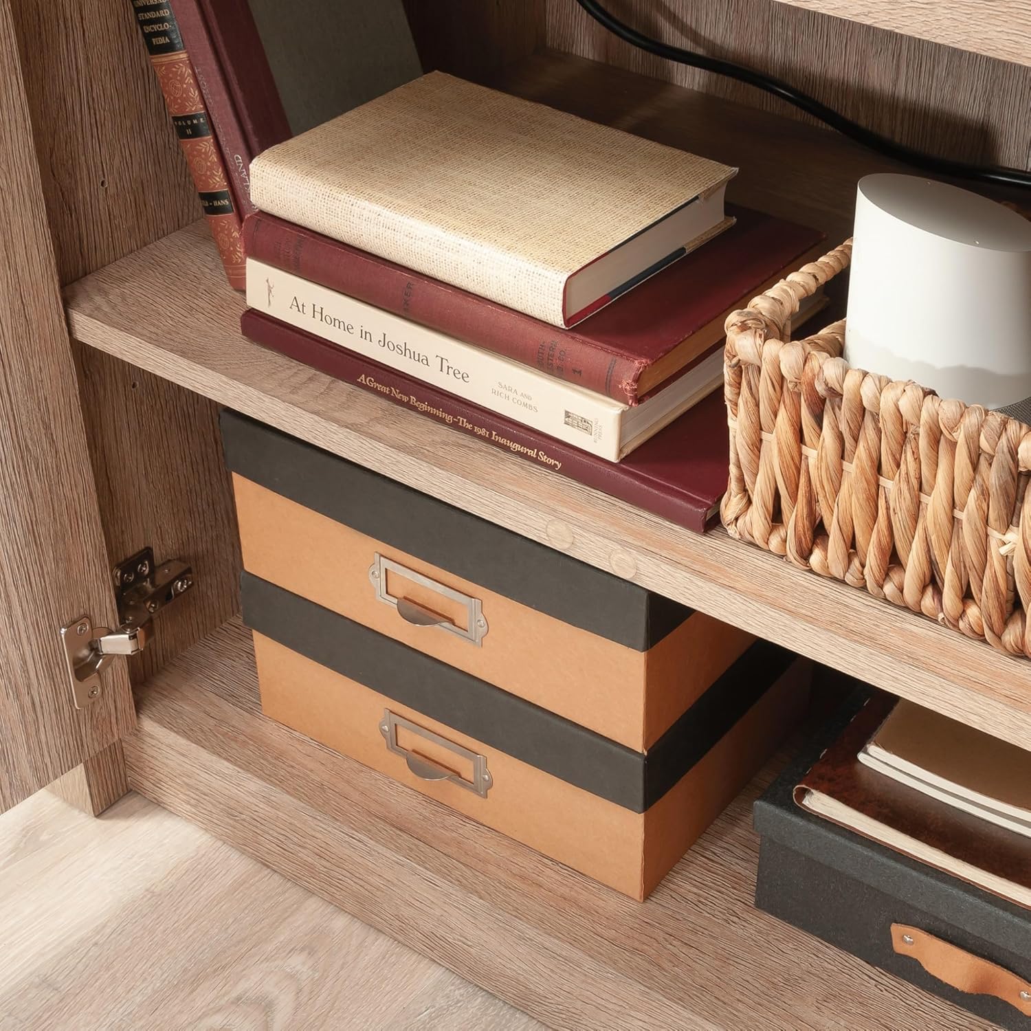 Interior view of the cabinet storage with an adjustable shelf and organized items