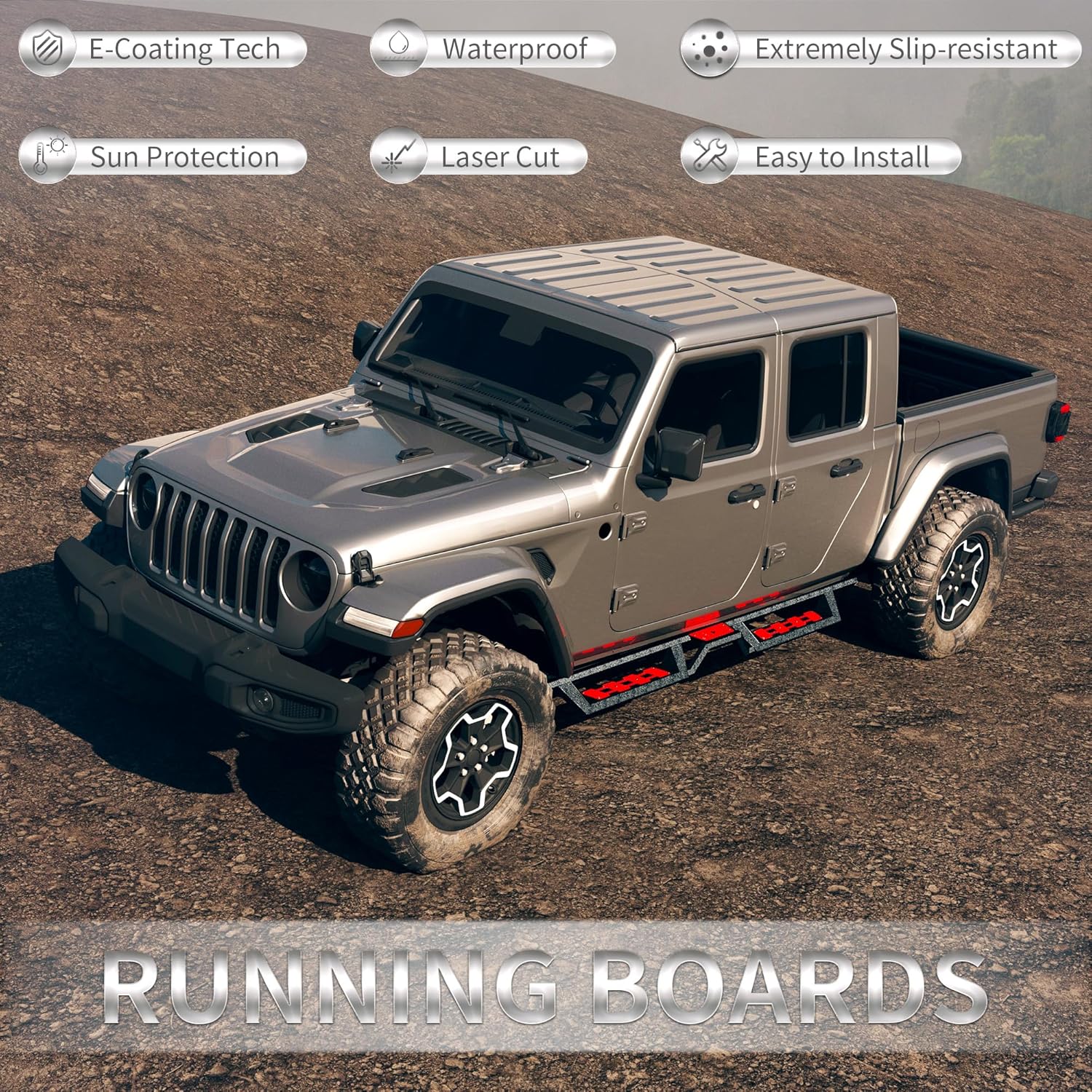 Two-Stairs Running Boards Compatible with 2020-2026 Jeep Gladiator JT 4 Doors, 4.7" Two-Color Side Step Rails, Heavy-Duty Black Carbon Steel Nerf Bars for Gladiator JT (20-26 GT 4 Doors)